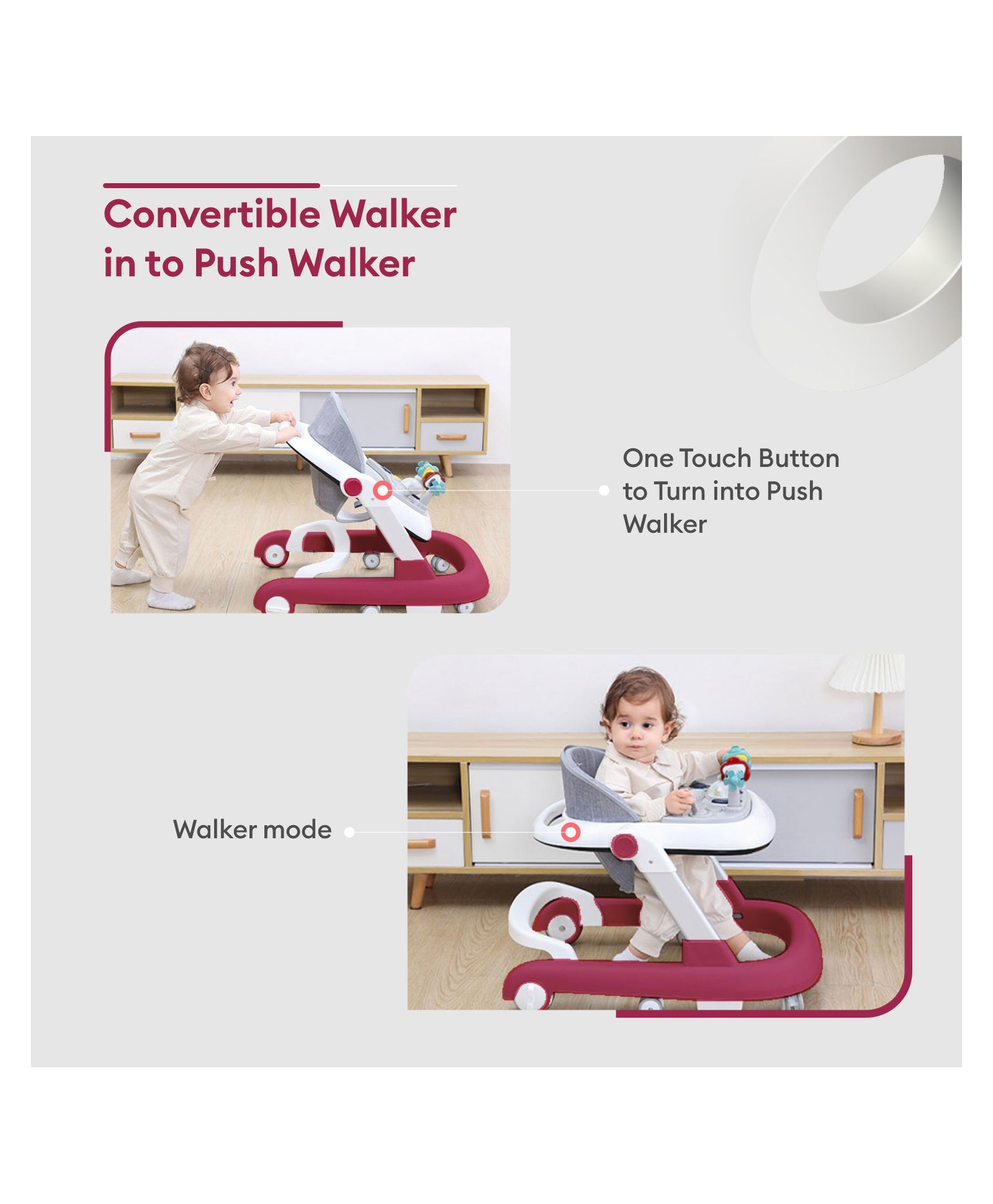 Baby Walker for 6 to 18 Months Baby Three Step Height Adjustable with First Step Function (Vitality RED)