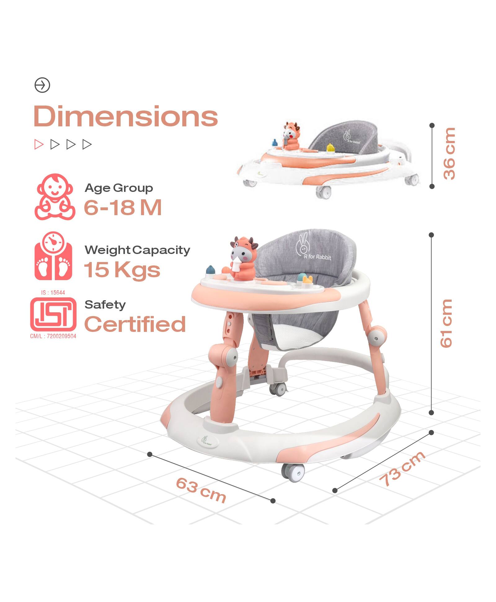 Baby Walker for 6 to 18 Months Baby Three Step Height Adjustable with First Step Function (Vitality RED)