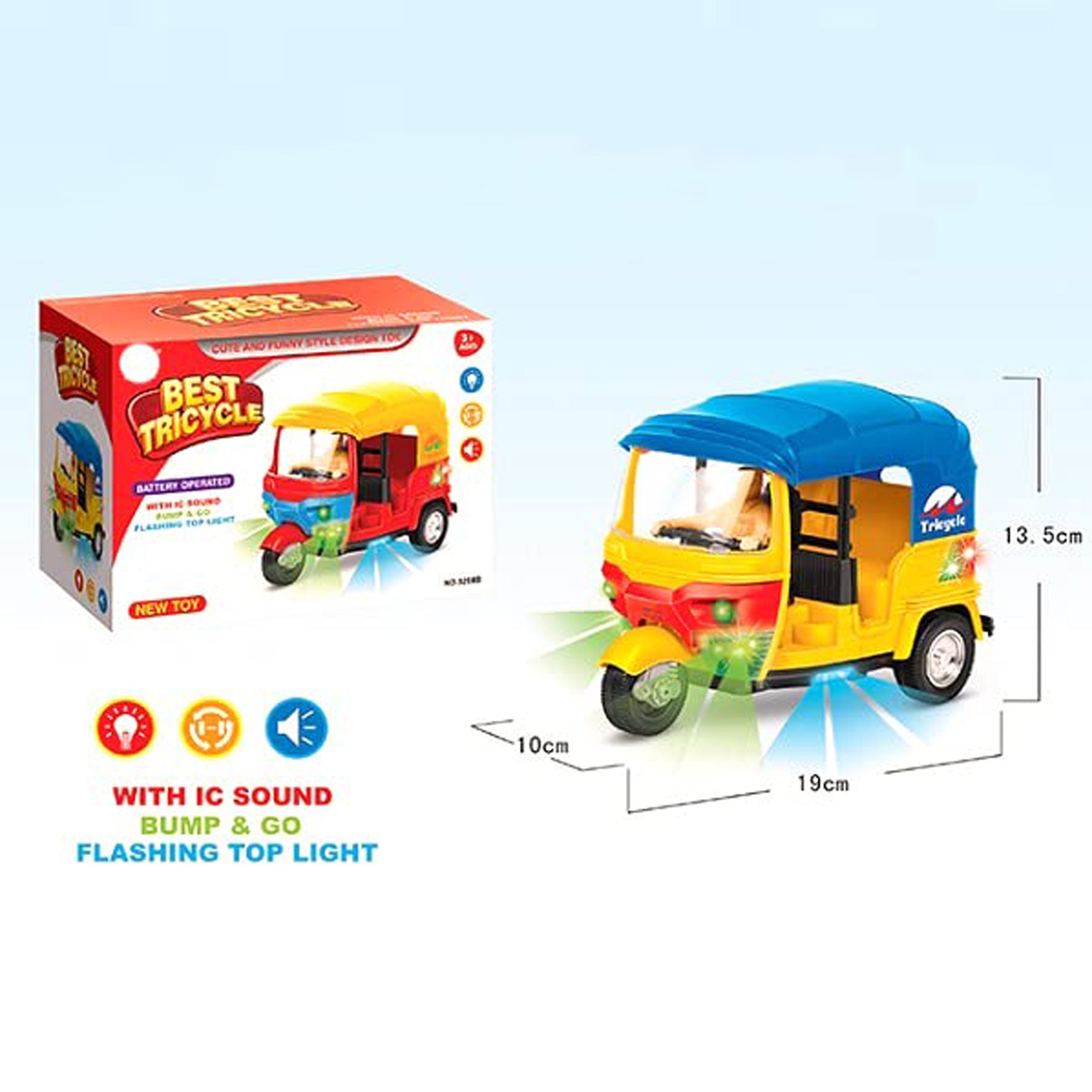 attery Operated auto Rickshaw Tricycle Toy for Kids|Boys|Girls with Light & Music and Bump & go Action (Color-Multi).