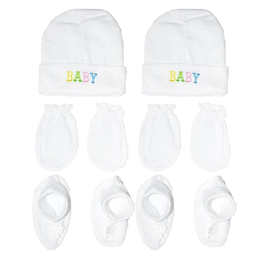 New Born Baby Cotton Caps Booties Mittens Combo Set (White, 0-3 Months)