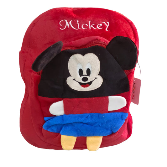 Backpack Red color Mickey cartoon character soft plush teddy bear pre nursery school bag backpack for baby boys girls kids 1-4 years with 2 zip and compartment for babies boy girl kid