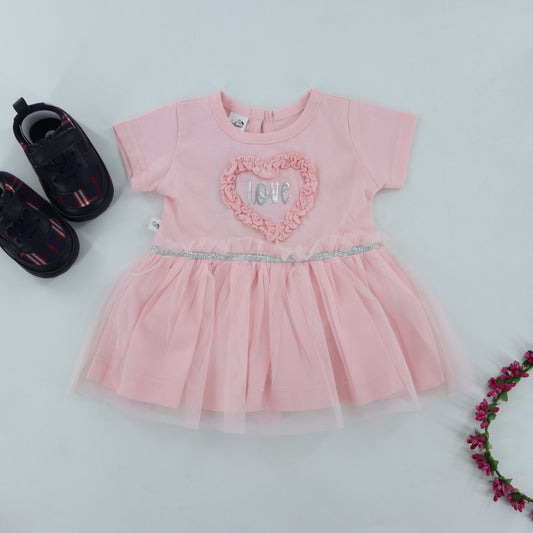 LittileistaKids Half Sleeves Frock with Floral Applique & Lace Detailing