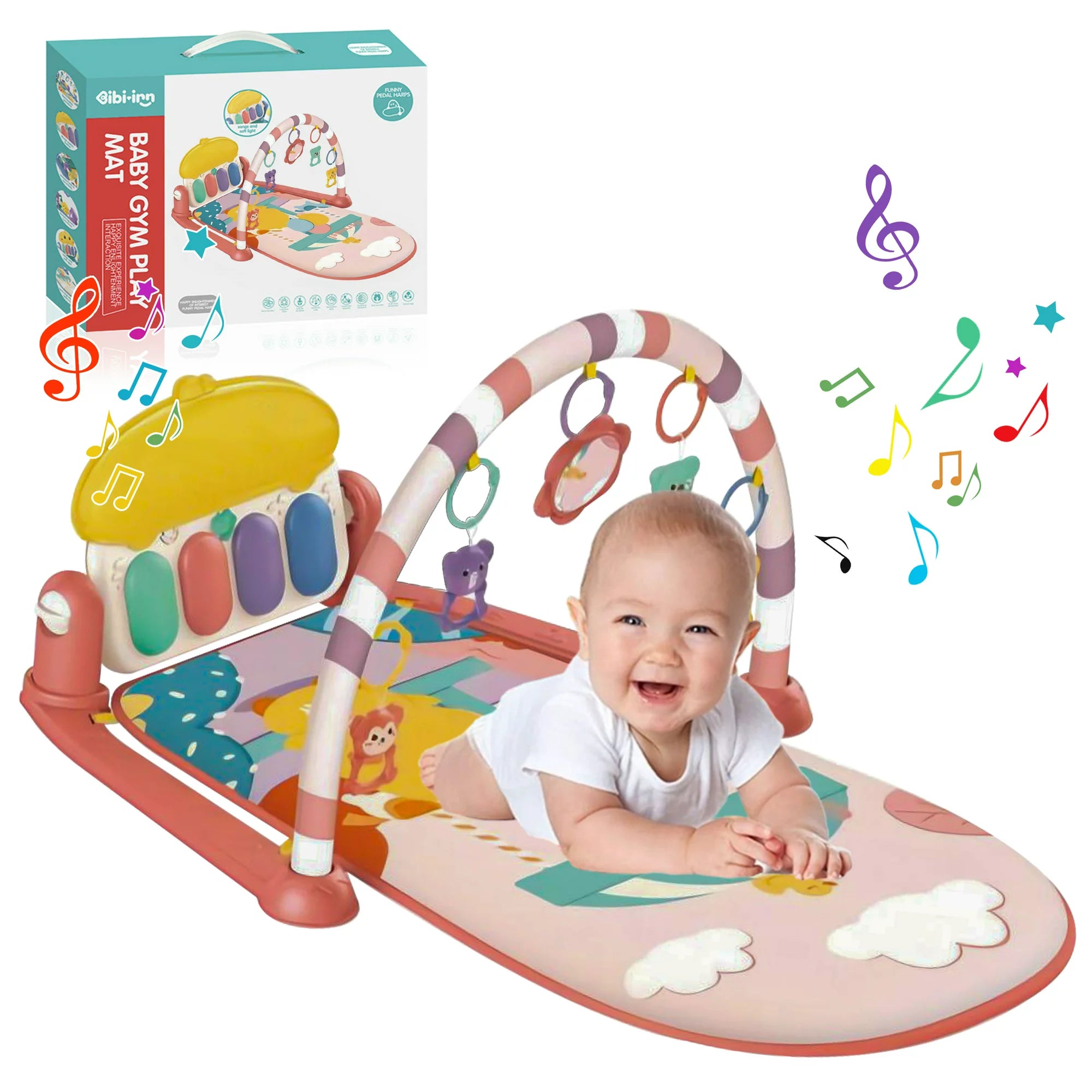 Baby Play Mat With Hanging Toys and Piano,Playmat For Baby,baby Activity Mat,Baby Play Gym,Pink