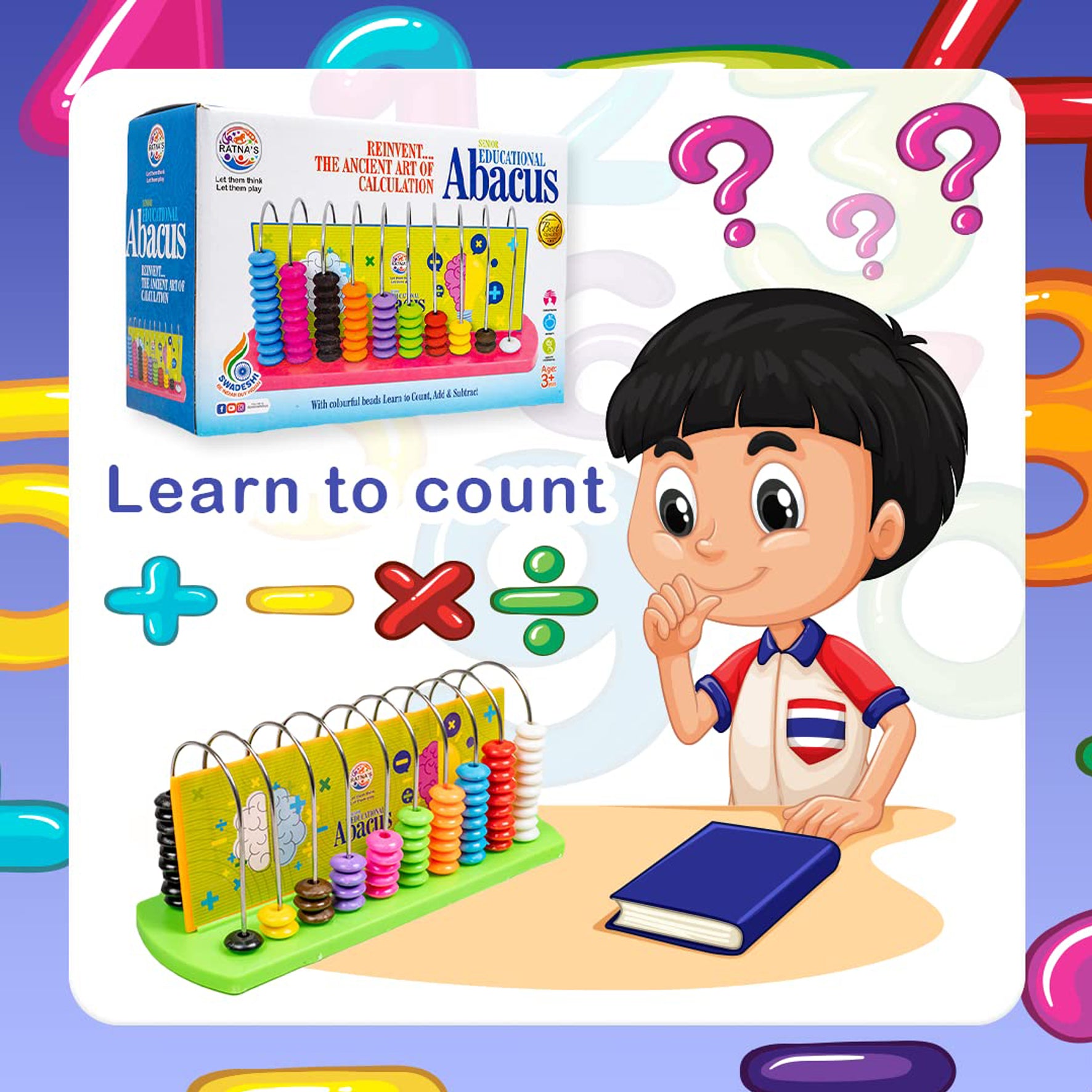 Ratna's Educational Abacus Senior for Kids to Count, Add & Subtract with Colourful Beads