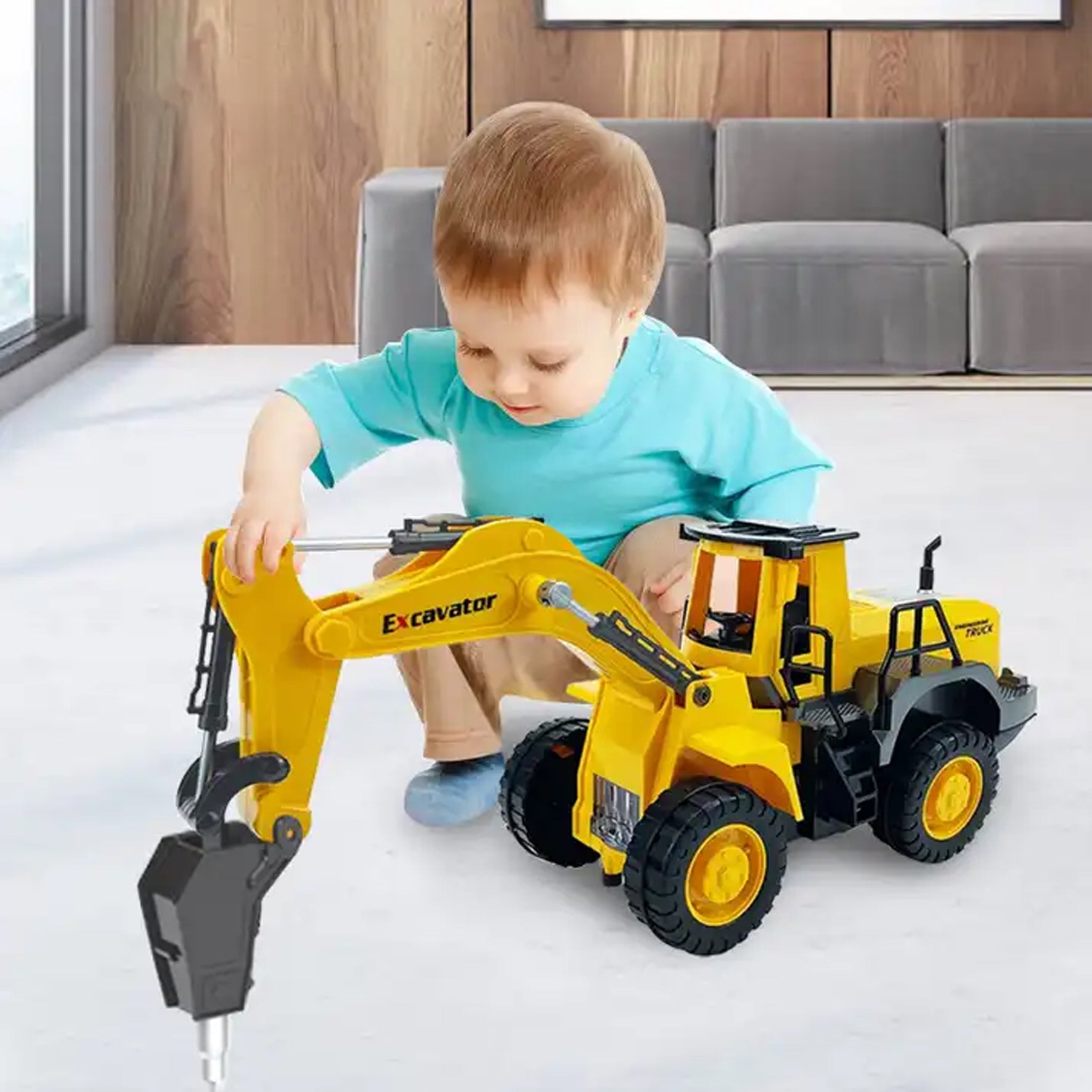 Highland Battery Operated JCB Style Construction Truck EXCAVATOR with Real Functions Bump and Go
