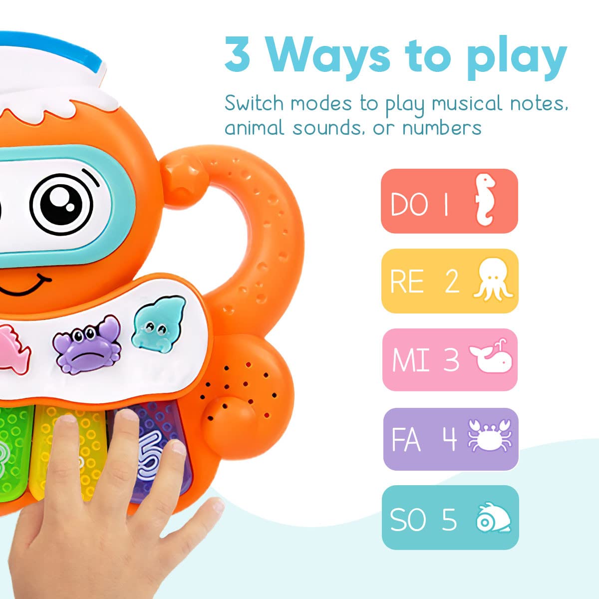 Musical Toy for Babies, Octopus Piano Plays Music, Numbers, and Sounds, Light Up Keyboard and Ocean Theme Animal Buttons, Electronic Learning Game for Infants and Toddlers, Built in Handle