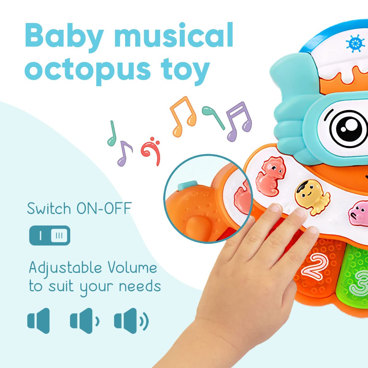 Musical Toy for Babies, Octopus Piano Plays Music, Numbers, and Sounds, Light Up Keyboard and Ocean Theme Animal Buttons, Electronic Learning Game for Infants and Toddlers, Built in Handle
