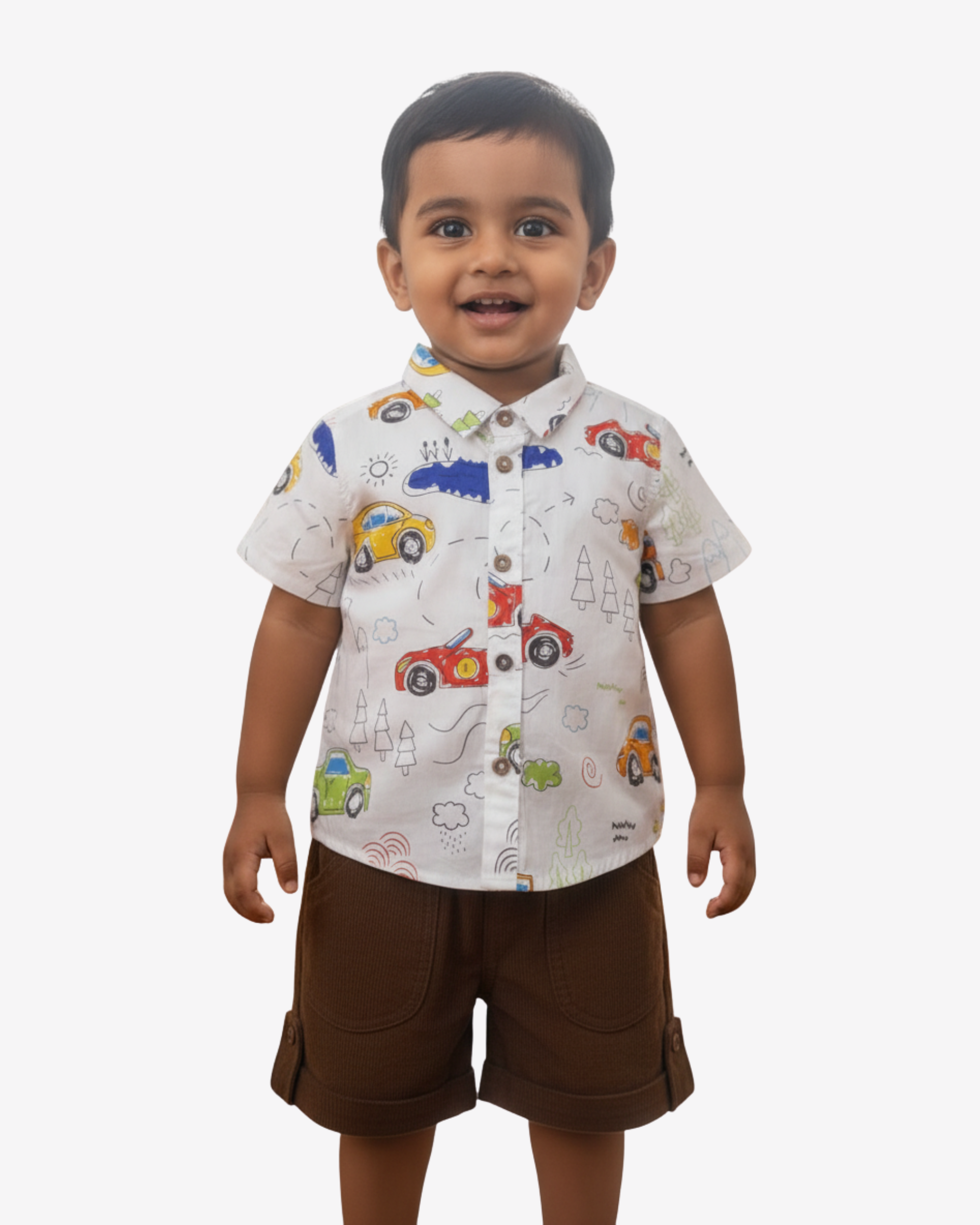 Baby Boy Shirt & Shorts Set – Vehicle Print Shirt with Brown Shorts