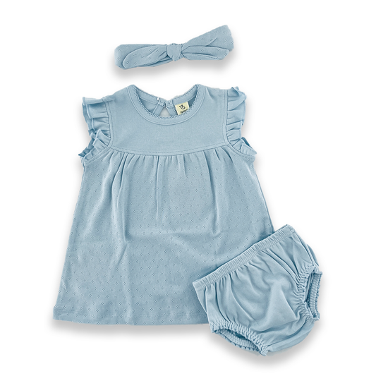 Baby Girl Round Neck with Short Frill Sleeve Casual Comfortable Frock 3Psc