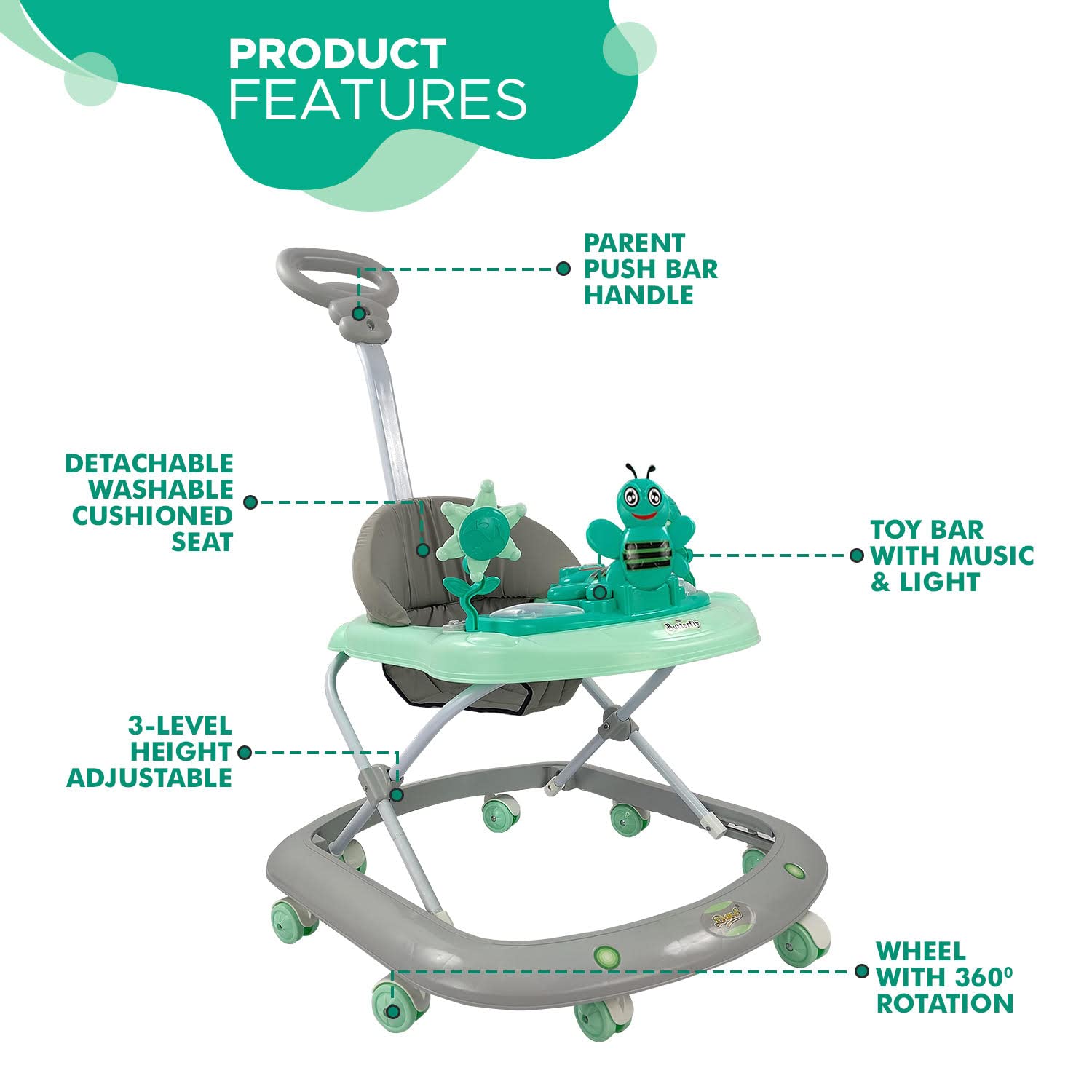 Butterfly Deluxe Baby Walker with 3 Position Adjustable Height Music & Light & Parental Handle, Foldable Activity Walker, Baby 6-18 Months boy, Walker for Kids (Capacity 20kg | Green)