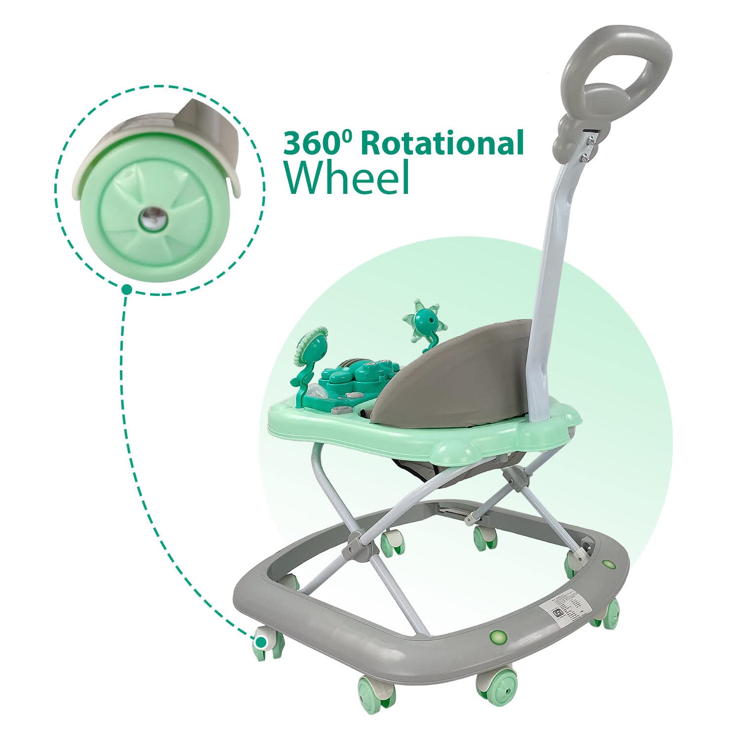 Butterfly Deluxe Baby Walker with 3 Position Adjustable Height Music & Light & Parental Handle, Foldable Activity Walker, Baby 6-18 Months boy, Walker for Kids (Capacity 20kg | Green)