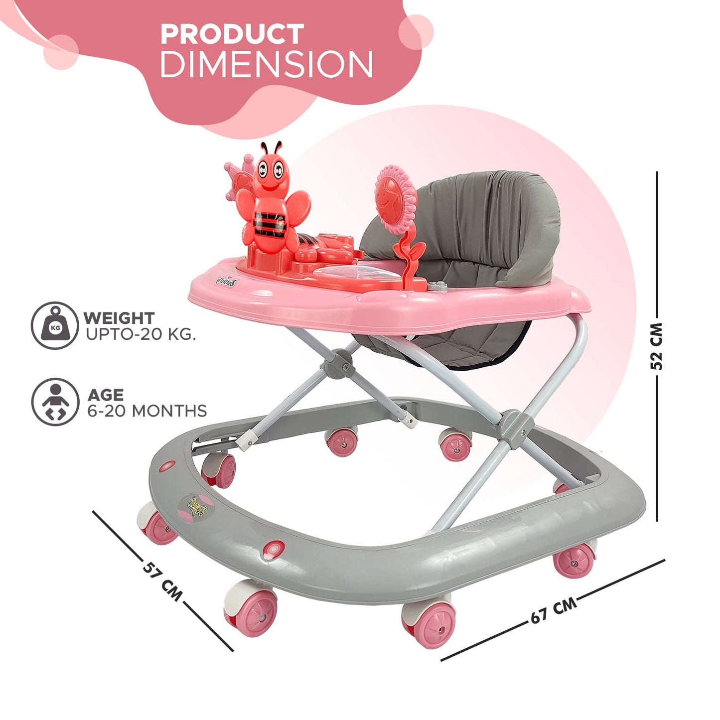 Butterfly Baby Walker with 3 Position Adjustable Height Music & Light, Foldable Activity Walker, Baby 6-18 Months boy, Walker for Kids (Capacity 20kg | pink)