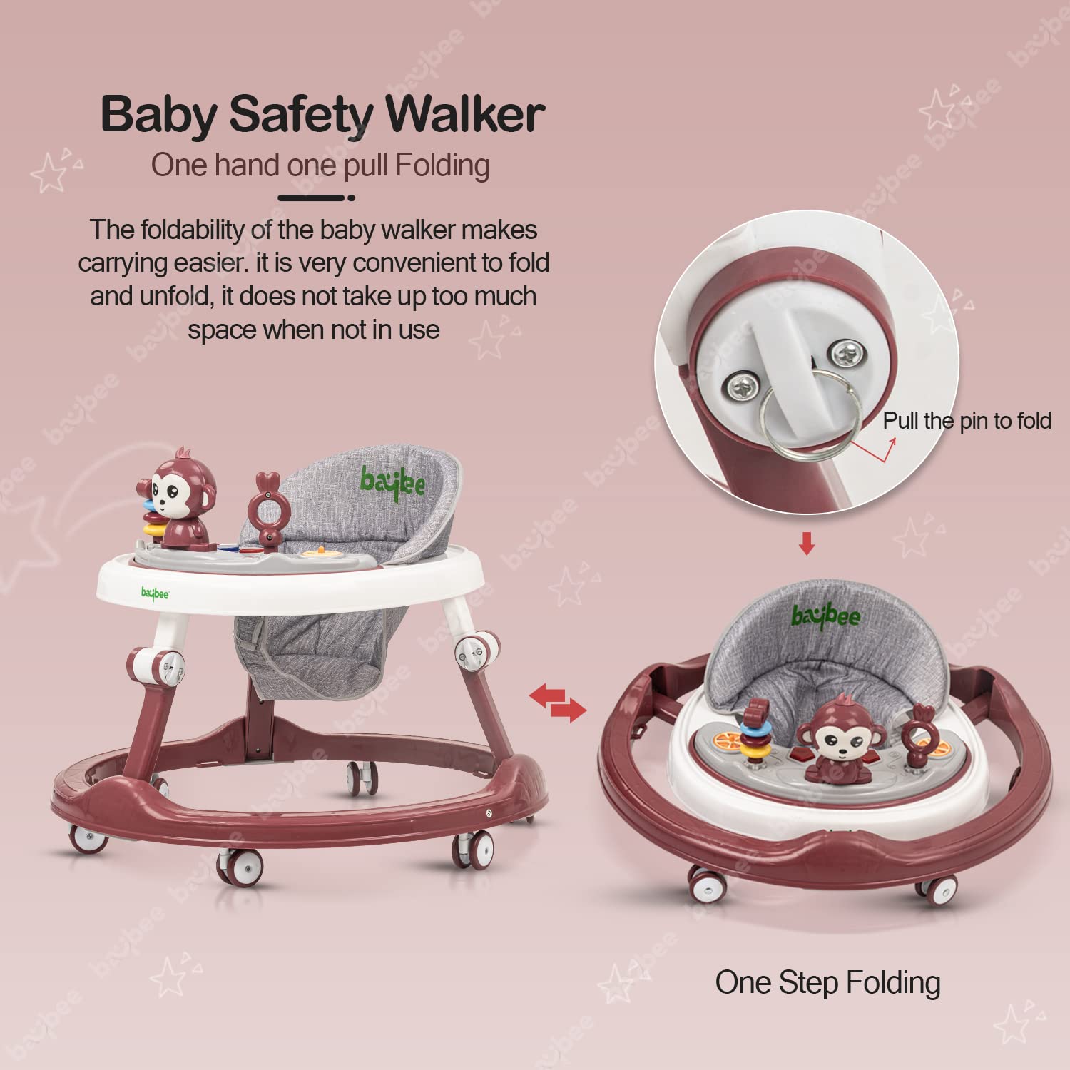 Baybee Drono Baby Walker for Kids, Round Kids Walker with 4 Seat Height Adjustable | Activity Walker for Baby with with Food Tray & Musical Toy Bar | Walker for Baby 6-18 Months Boys Girls (Red)