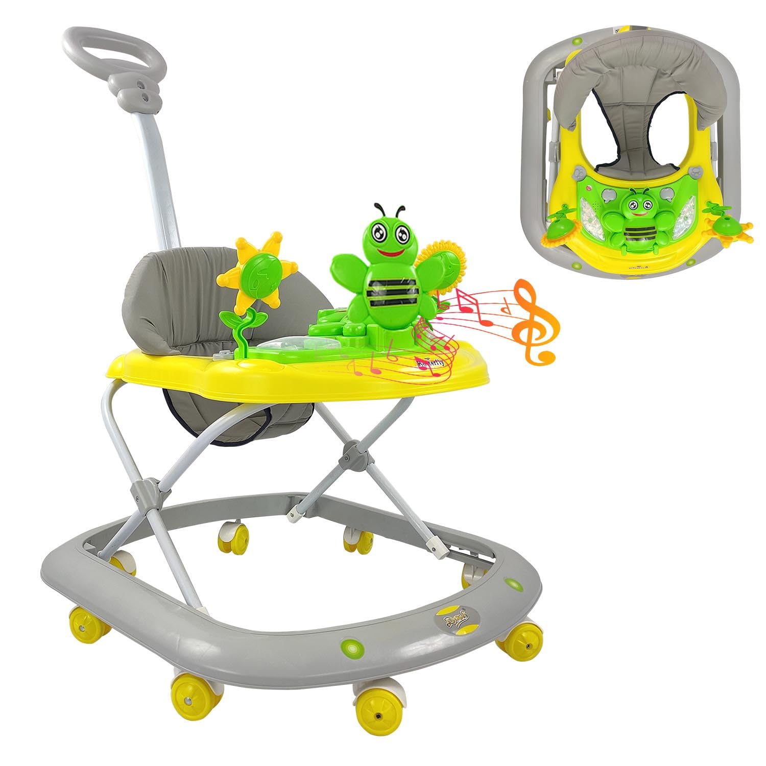 Butterfly Deluxe Baby Walker with 3 Position Adjustable Height Music & Light & Parental Handle, Foldable Activity Walker, Baby 6-18 Months boy, Walker for Kids (Capacity 20kg | Yellow)