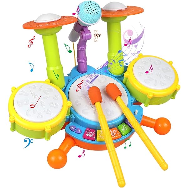 Drum Set with 3 Drums and Microphone, 18 Songs, 2 Drumsticks, Sound and Light Effects Making This Children's Drum Kit