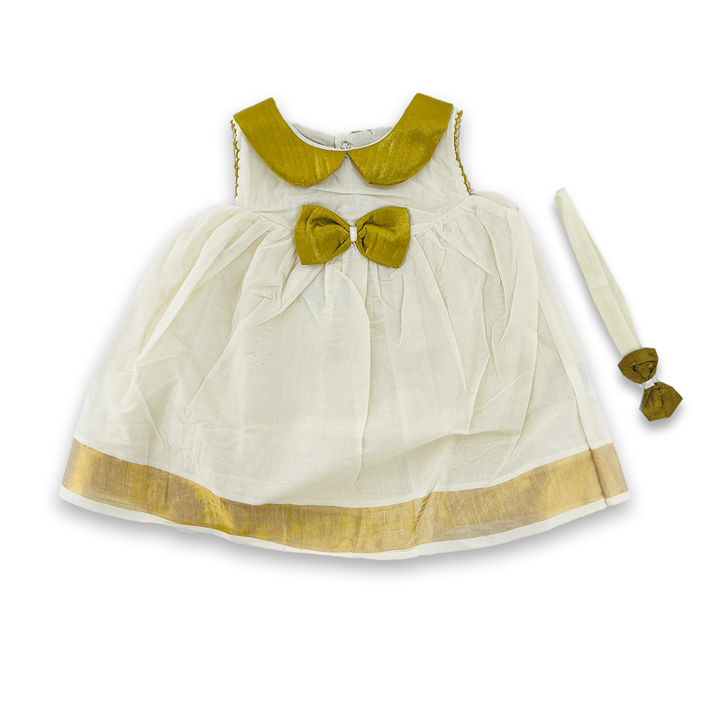 Baby Girl Kerala Kasavu Frock/Dress/Ethnicwear (Offwhite-Gold)