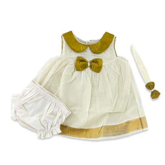 Baby Girl Kerala Kasavu Frock/Dress/Ethnicwear (Offwhite-Gold)