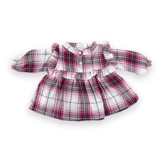 100% Cotton Woven Full Sleeves Checked Frock With Frill & Bow Detailing - Pink