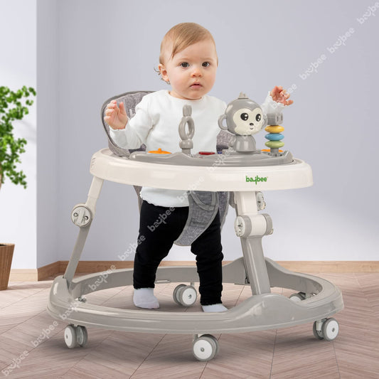 Baybee Drono Baby Walker for Kids, Round Kids Walker with 4 Seat Height Adjustable | Activity Walker for Baby with with Food Tray & Musical Toy Bar | Walker for Baby 6-18 Months Boys Girls (Gray)