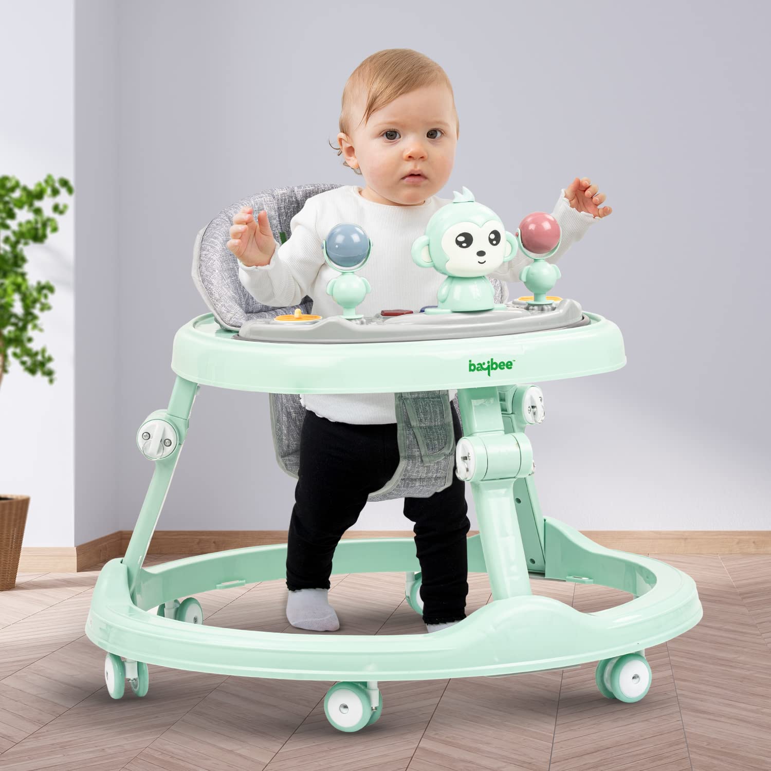 Baybee Drono Baby Walker for Kids, Round Kids Walker with 4 Seat Height Adjustable | Activity Walker for Baby with with Food Tray & Musical Toy Bar | Walker for Baby 6-18 Months Boys Girls (Gray)