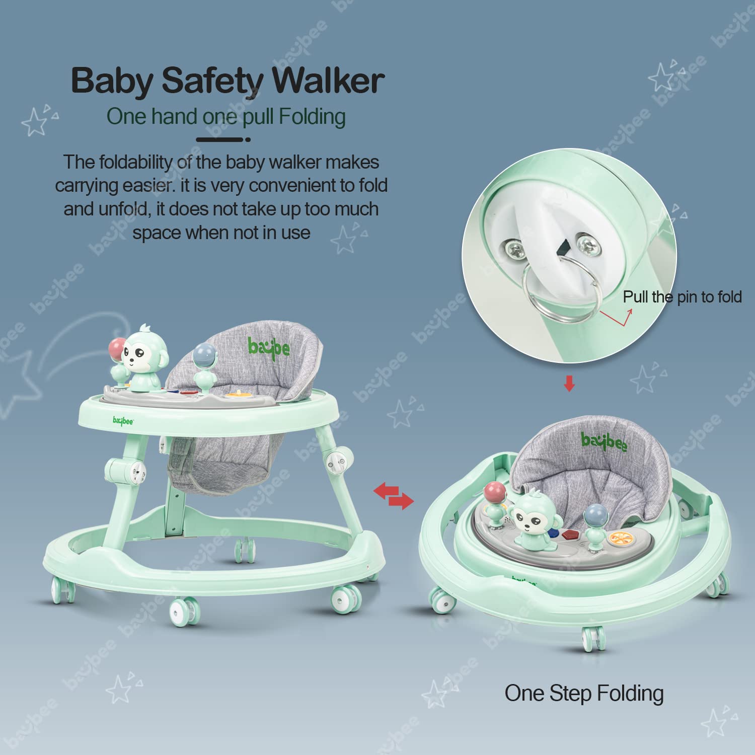 Baybee Drono Baby Walker for Kids, Round Kids Walker with 4 Seat Height Adjustable | Activity Walker for Baby with with Food Tray & Musical Toy Bar | Walker for Baby 6-18 Months Boys Girls (Green)