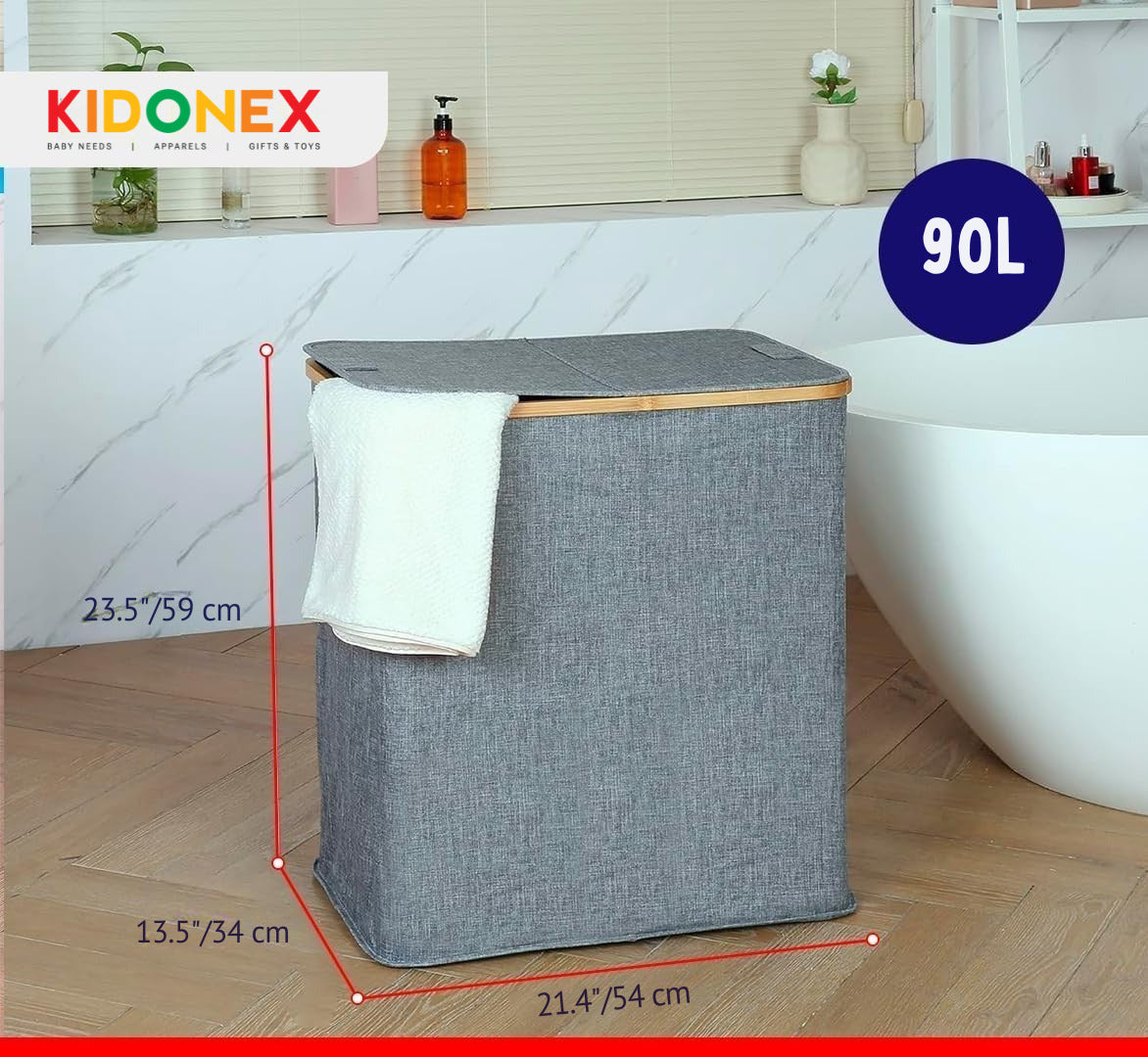 kidonex Foldable Laundry Hamper with Lid & Handles - 23" Tall, Bamboo Accent