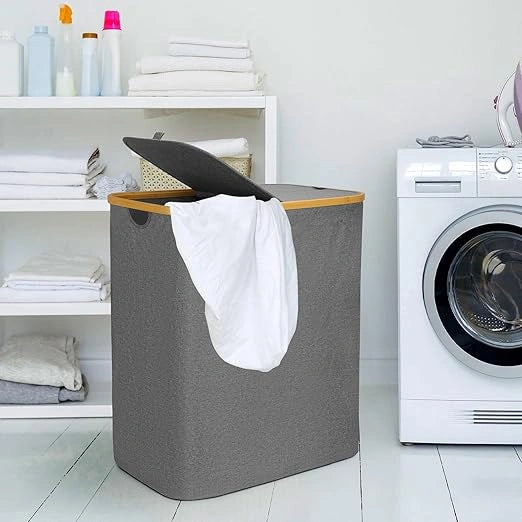 kidonex Foldable Laundry Hamper with Lid & Handles - 23" Tall, Bamboo Accent
