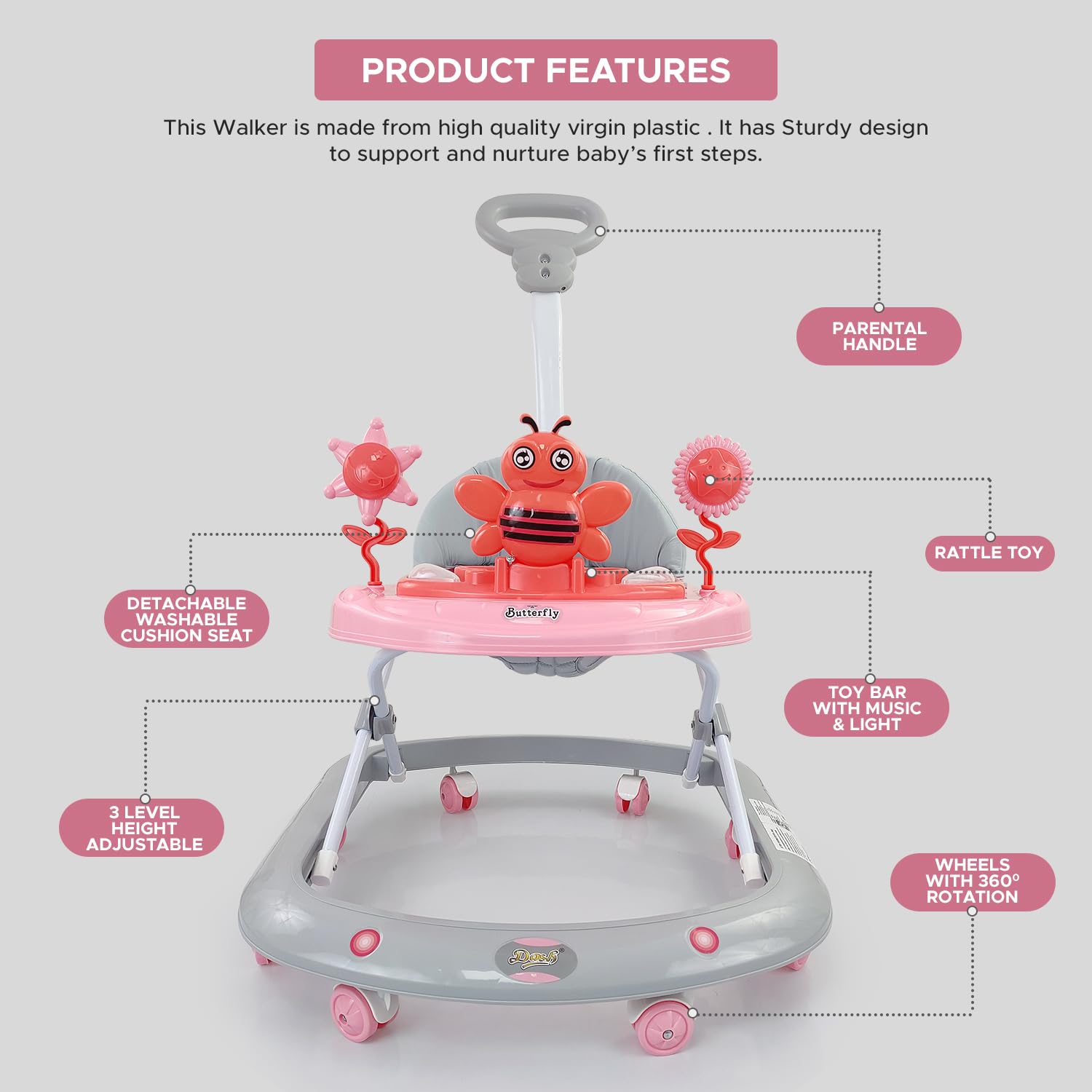 Baby Foldable Activity Walker with 3 Position Adjustable Height Music & Light & Parental Handle