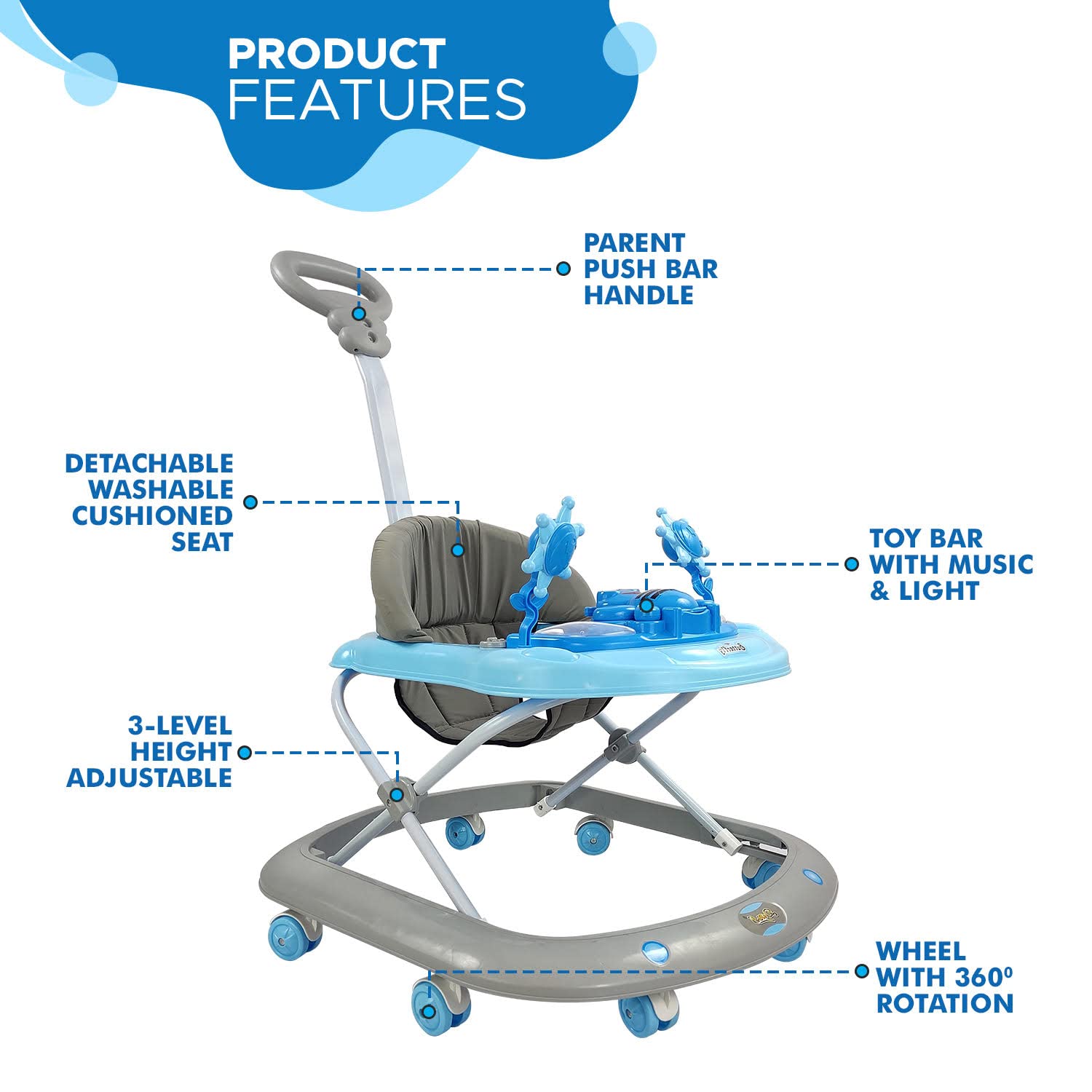 Baby Foldable Activity Walker with 3 Position Adjustable Height Music & Light & Parental Handle