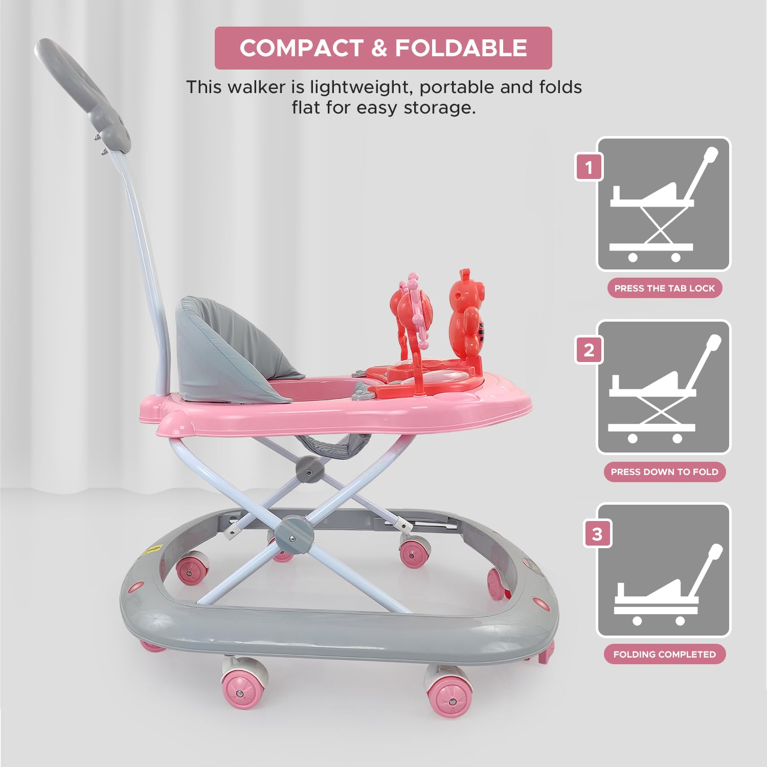 Baby Foldable Activity Walker with 3 Position Adjustable Height Music & Light & Parental Handle