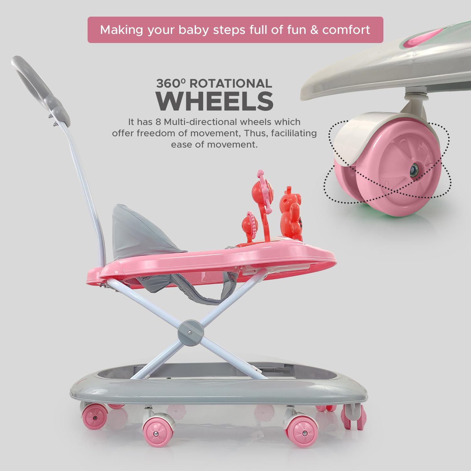 Baby Foldable Activity Walker with 3 Position Adjustable Height Music & Light & Parental Handle