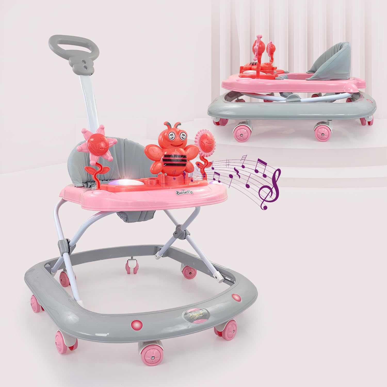 Baby Foldable Activity Walker with 3 Position Adjustable Height Music & Light & Parental Handle