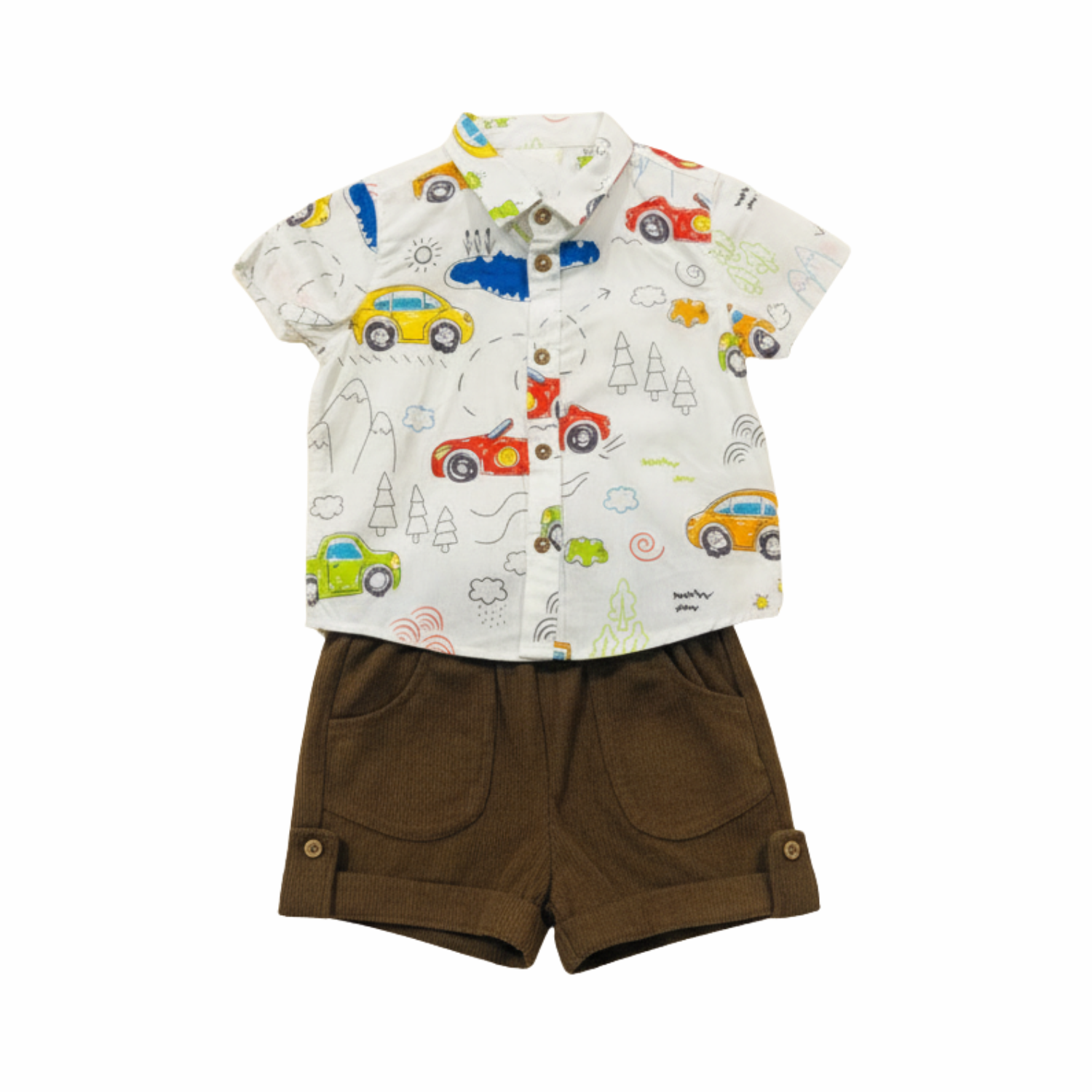 Baby Boy Shirt & Shorts Set – Vehicle Print Shirt with Brown Shorts
