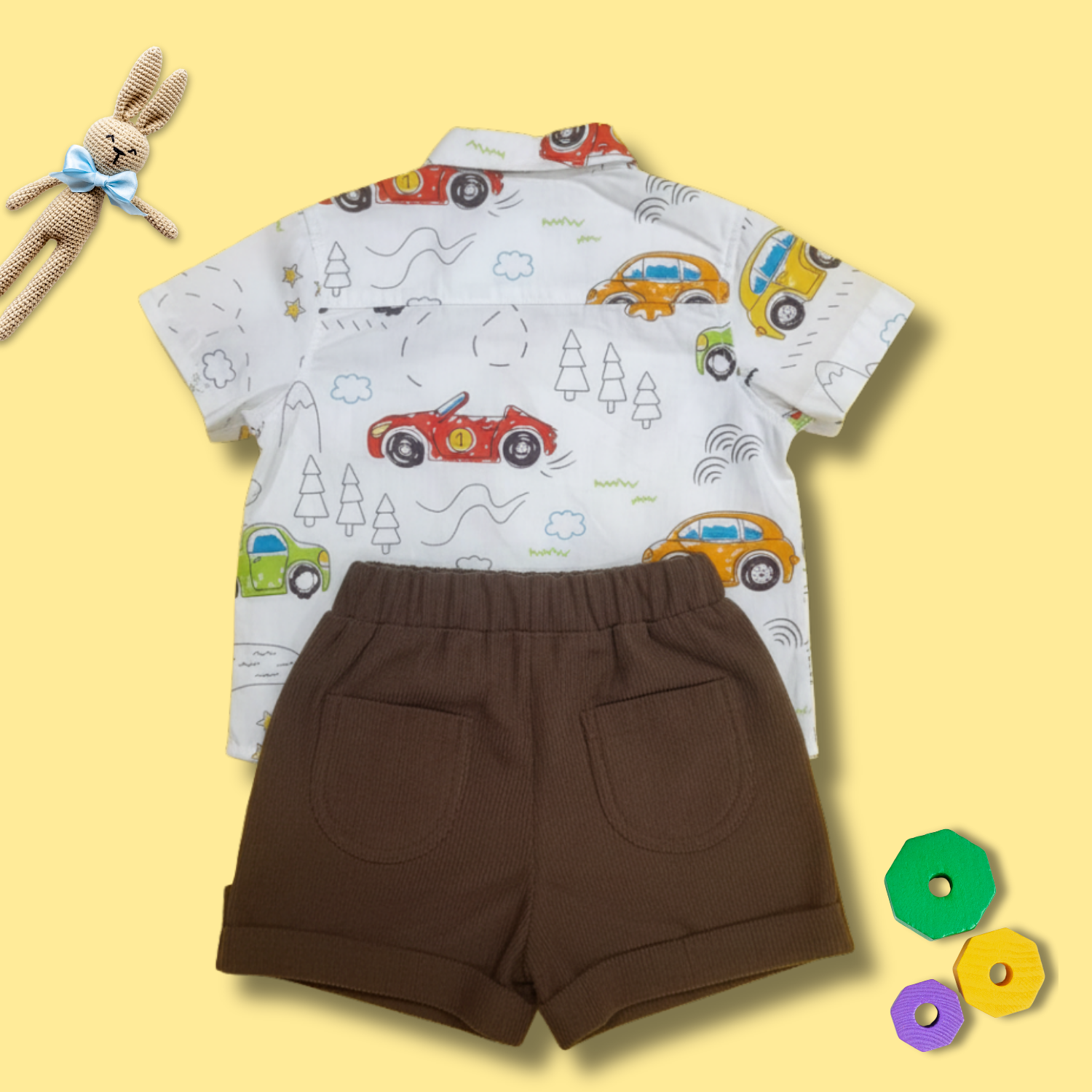 Baby Boy Shirt & Shorts Set – Vehicle Print Shirt with Brown Shorts
