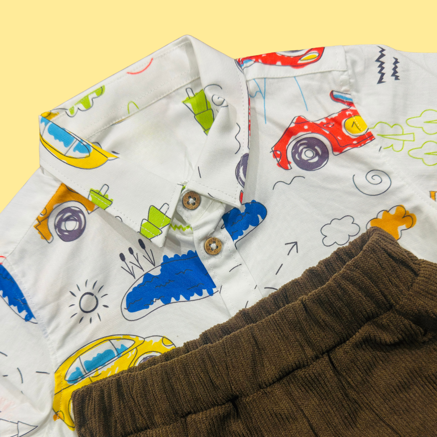 Baby Boy Shirt & Shorts Set – Vehicle Print Shirt with Brown Shorts