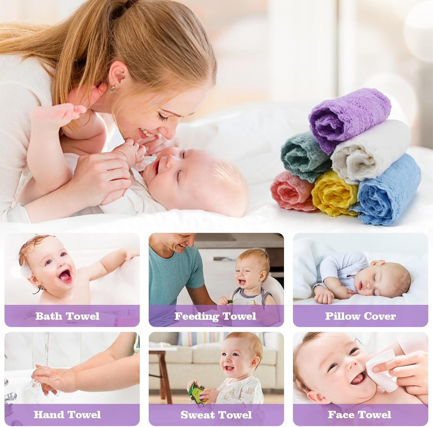 kidonex Soft Baby Washcloths – Value Pack of Multi-Colored Towels for Daily Use (Set of 6)
