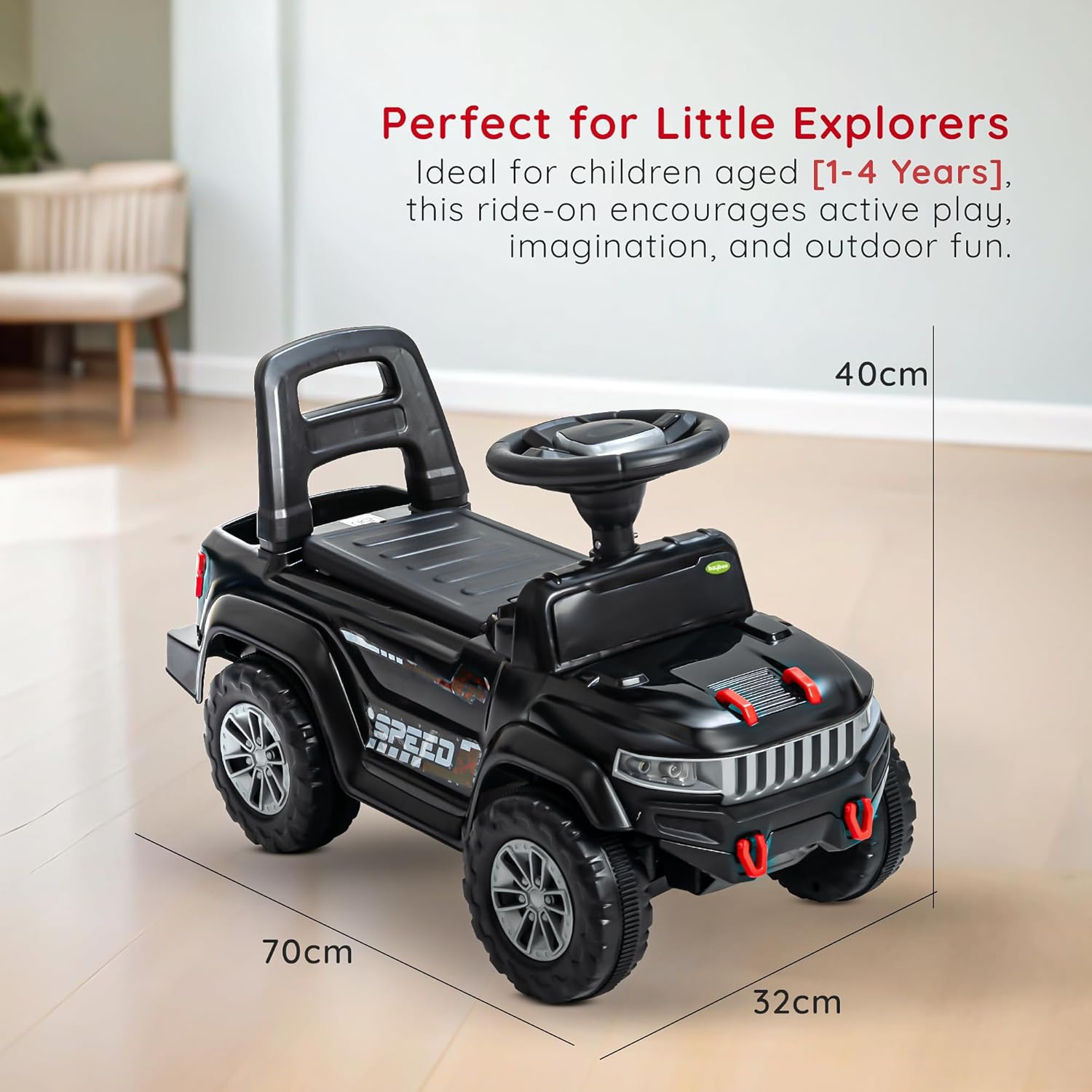 Speedy Push Ride-On Car 1–4 Years Music & LED Lights, High Backrest & Storage Basket