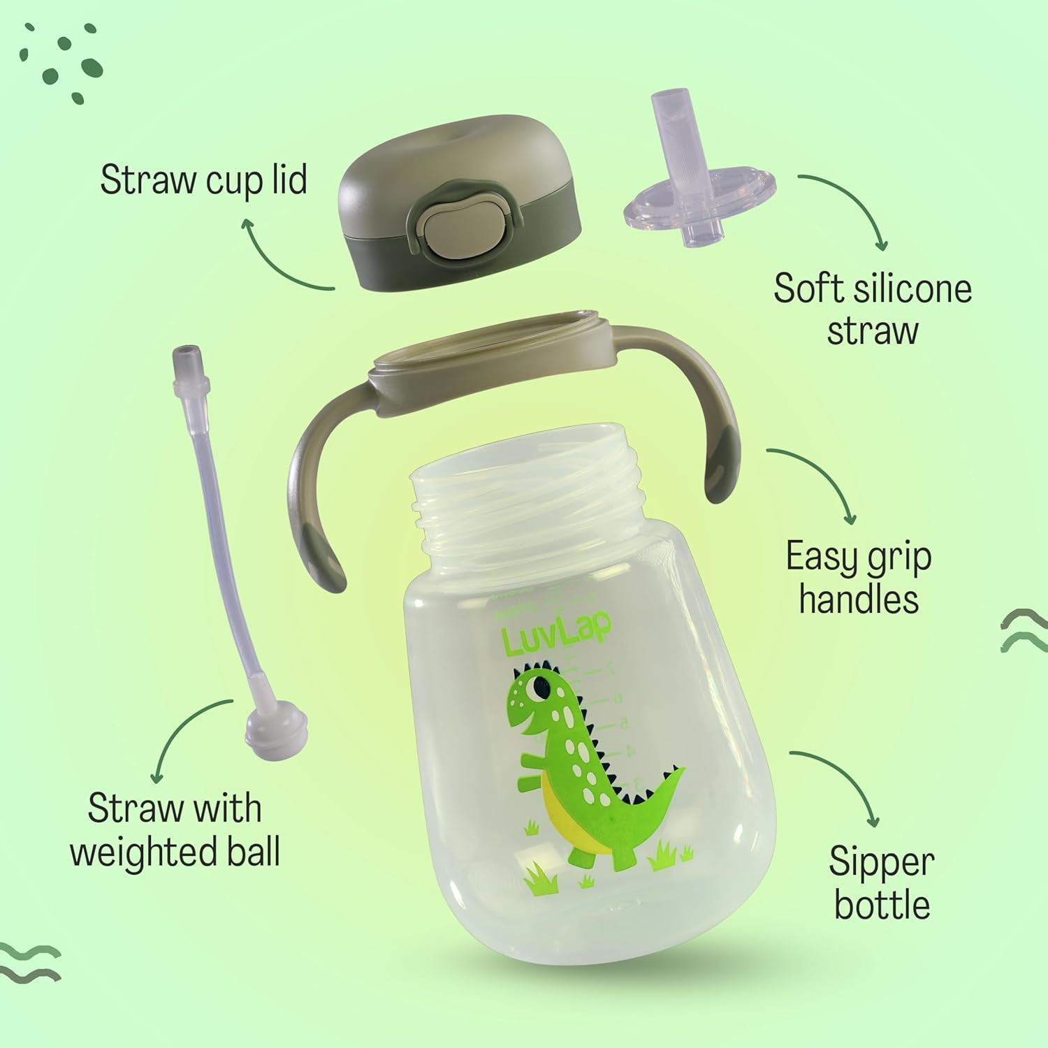 kidonex Dino Straw Sipper Bottle with Weighted Straw & Easy Grip Handles
