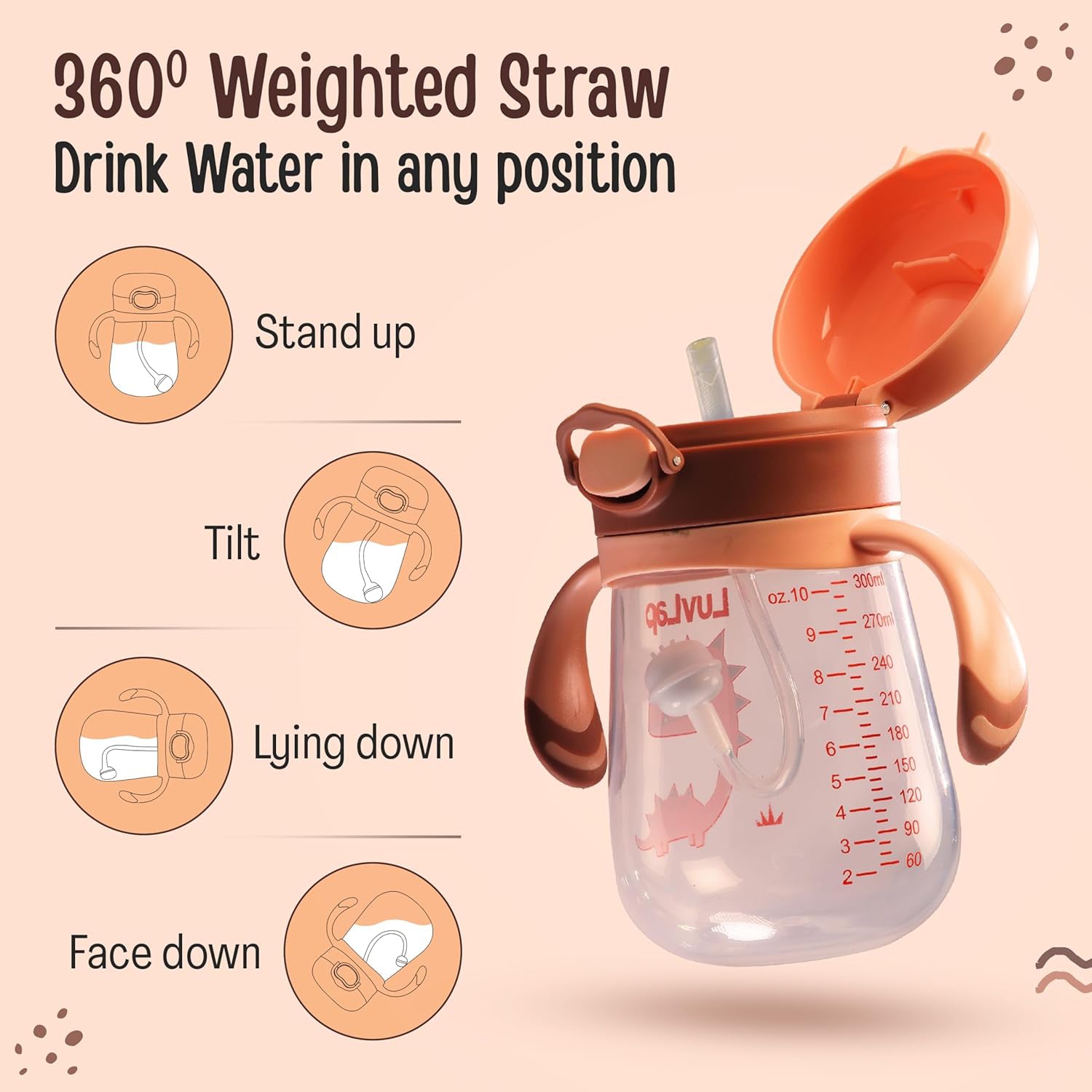 kidonex Dino Straw Sipper Bottle with Weighted Straw & Easy Grip Handles