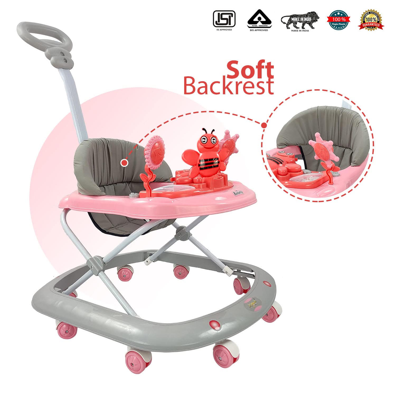 Butterfly Deluxe Baby Walker with 3 Position Adjustable Height Music & Light & Parental Handle, Foldable Activity Walker, Baby 6-18 Months boy, Walker for Kids (Capacity 20kg | Pink)