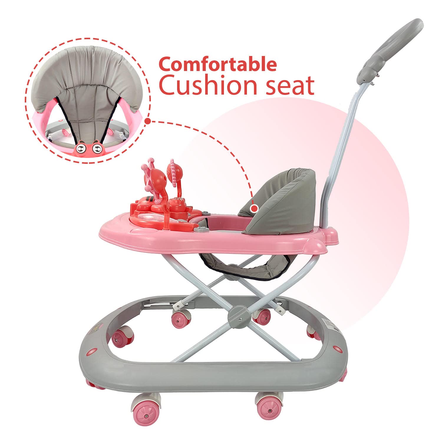 Butterfly Deluxe Baby Walker with 3 Position Adjustable Height Music & Light & Parental Handle, Foldable Activity Walker, Baby 6-18 Months boy, Walker for Kids (Capacity 20kg | Pink)