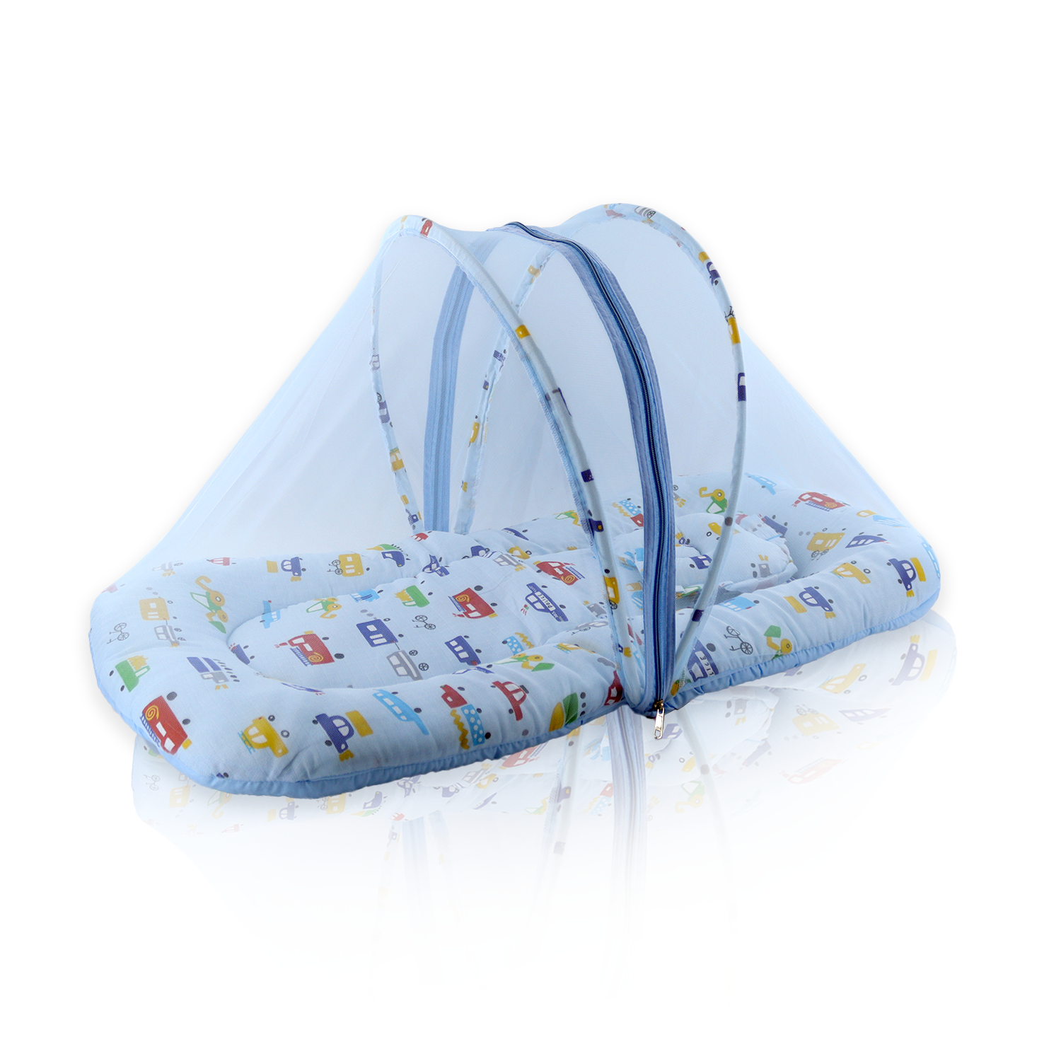 Baby Folding Teddy Print Mattress with Mosquito Net(0-6 Months) (Blue)(Size: L-34Inchs, B-22Inchs)