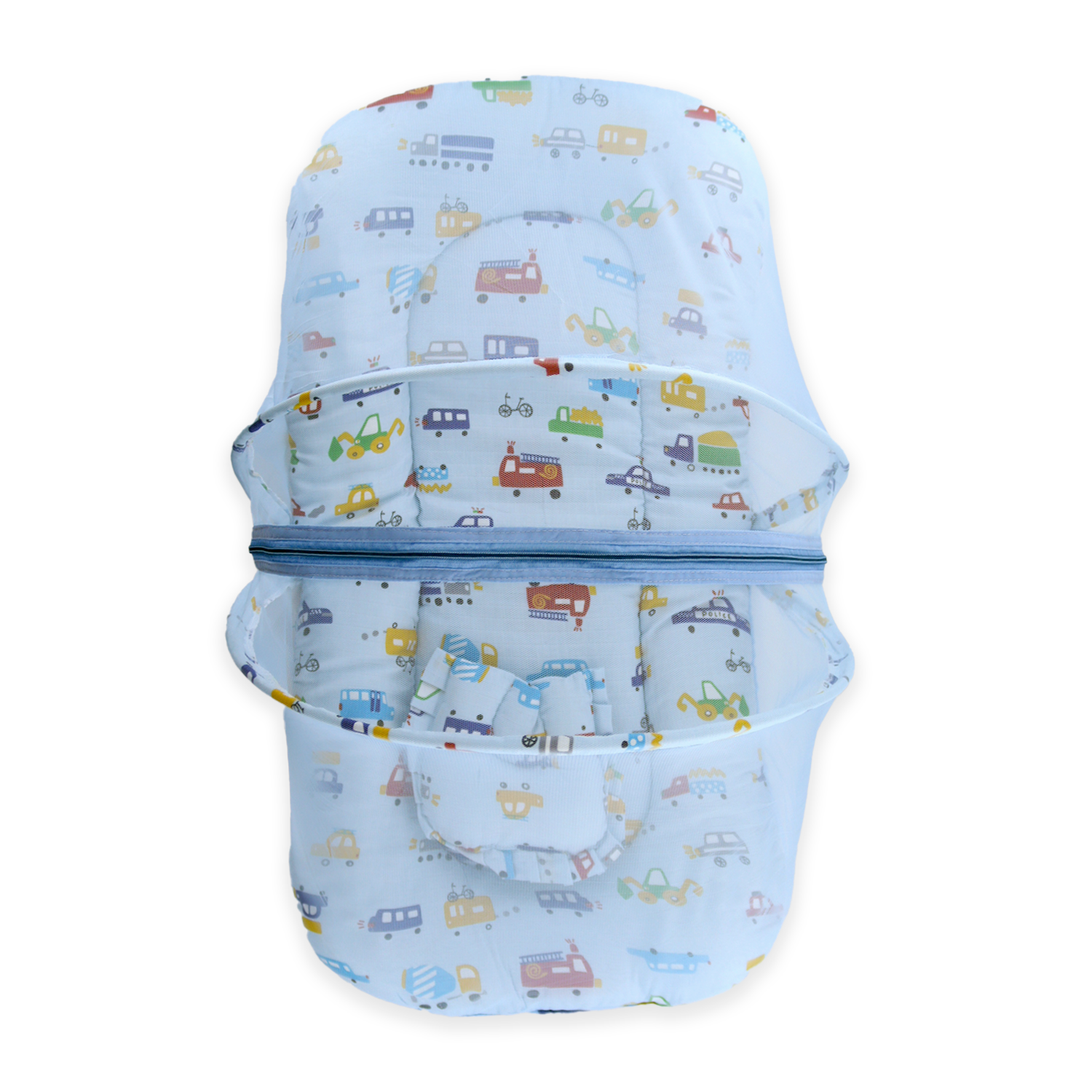 Baby Folding Teddy Print Mattress with Mosquito Net(0-6 Months) (Blue)(Size: L-34Inchs, B-22Inchs)