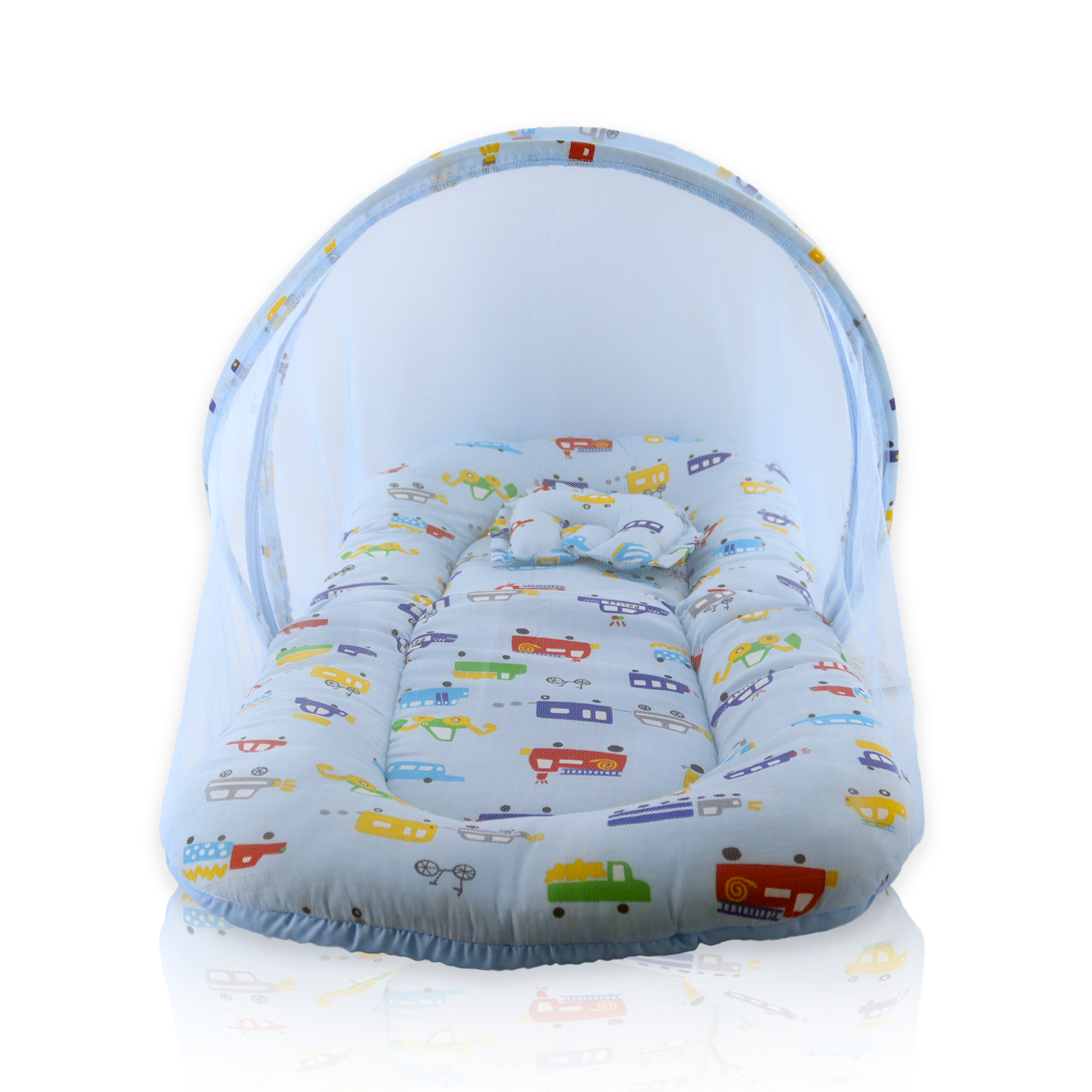 Baby Folding Teddy Print Mattress with Mosquito Net(0-6 Months) (Blue)(Size: L-34Inchs, B-22Inchs)