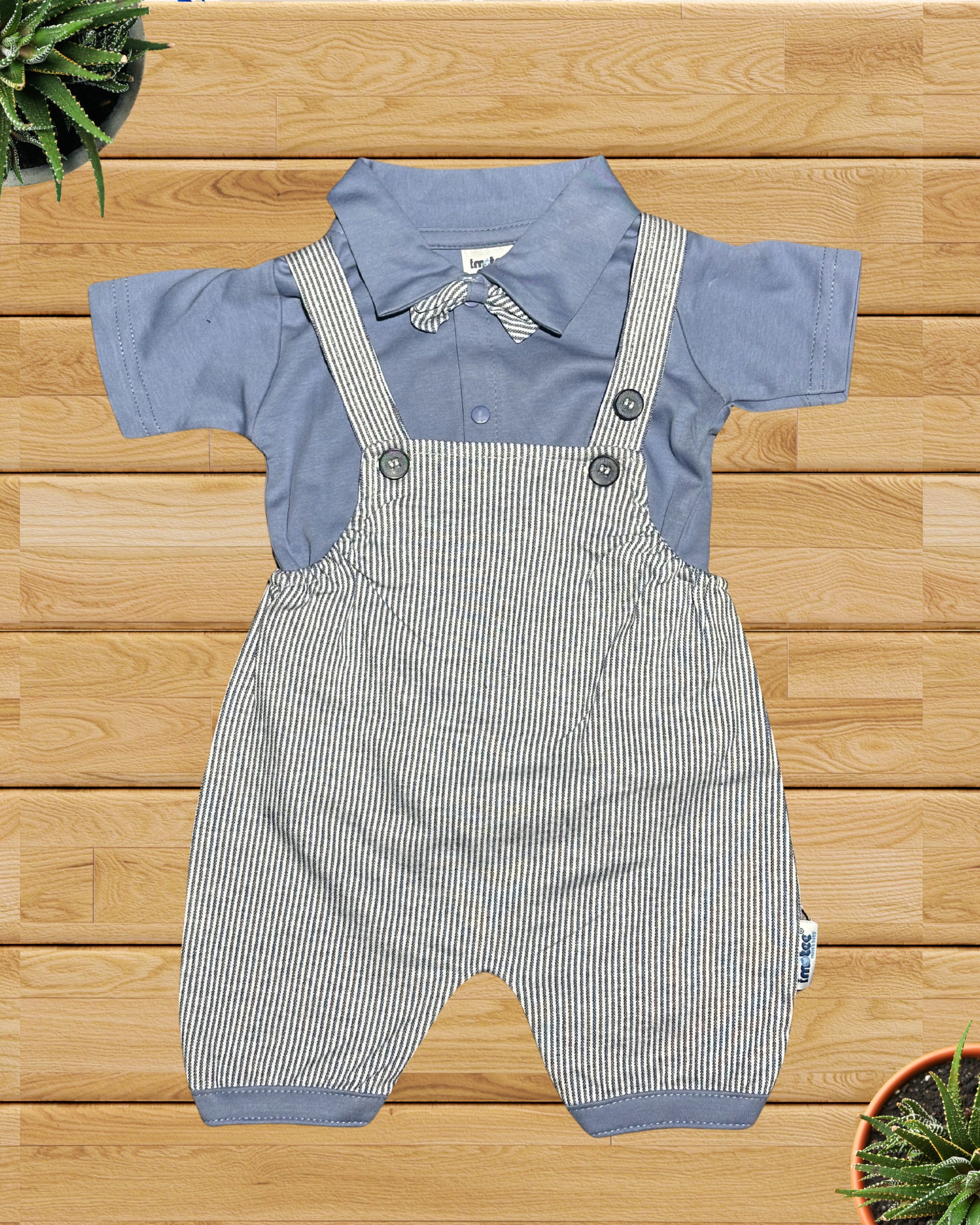 Baby Boy Gentleman Suit – Striped Suspender Style Romper with Bow Tie