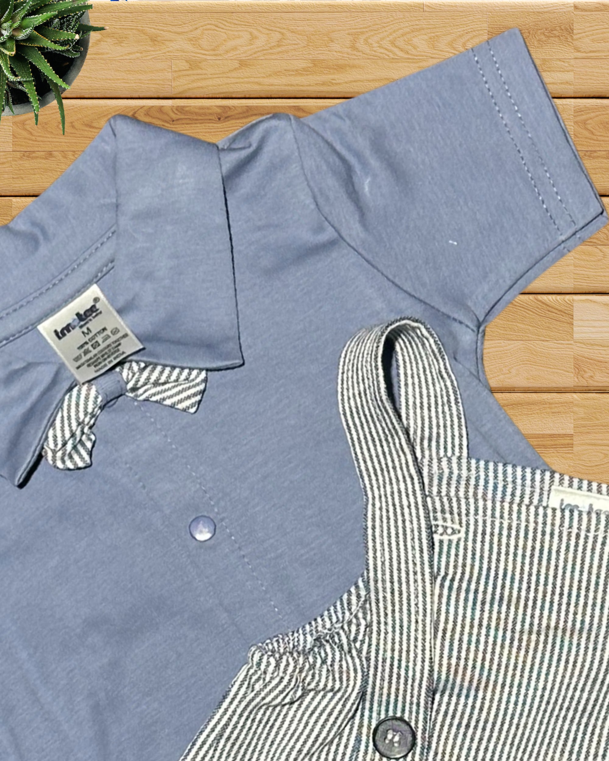 Baby Boy Gentleman Suit – Striped Suspender Style Romper with Bow Tie