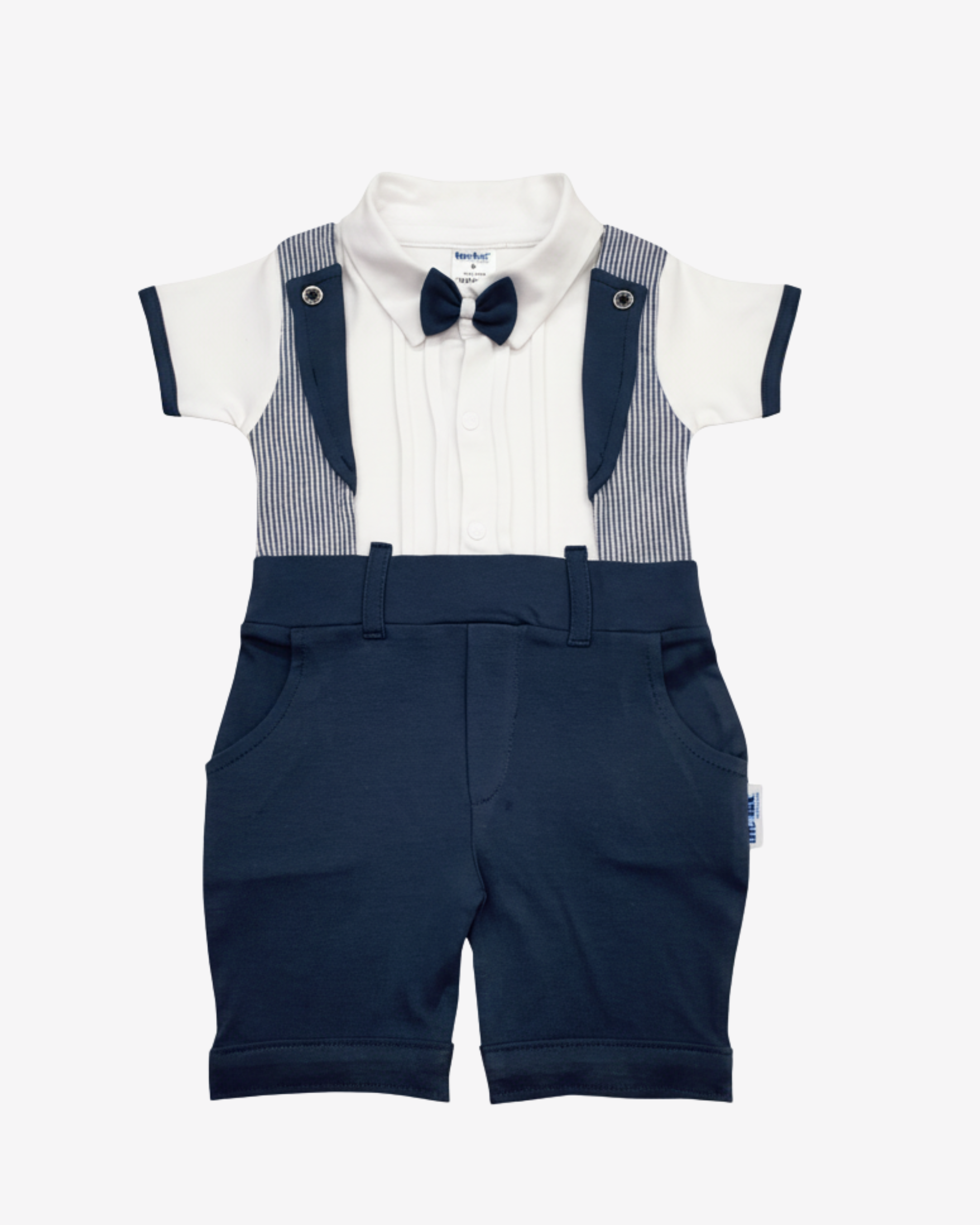 Baby Boy Gentleman Romper – Navy Blue Suspender Party Outfit with Bow Tie