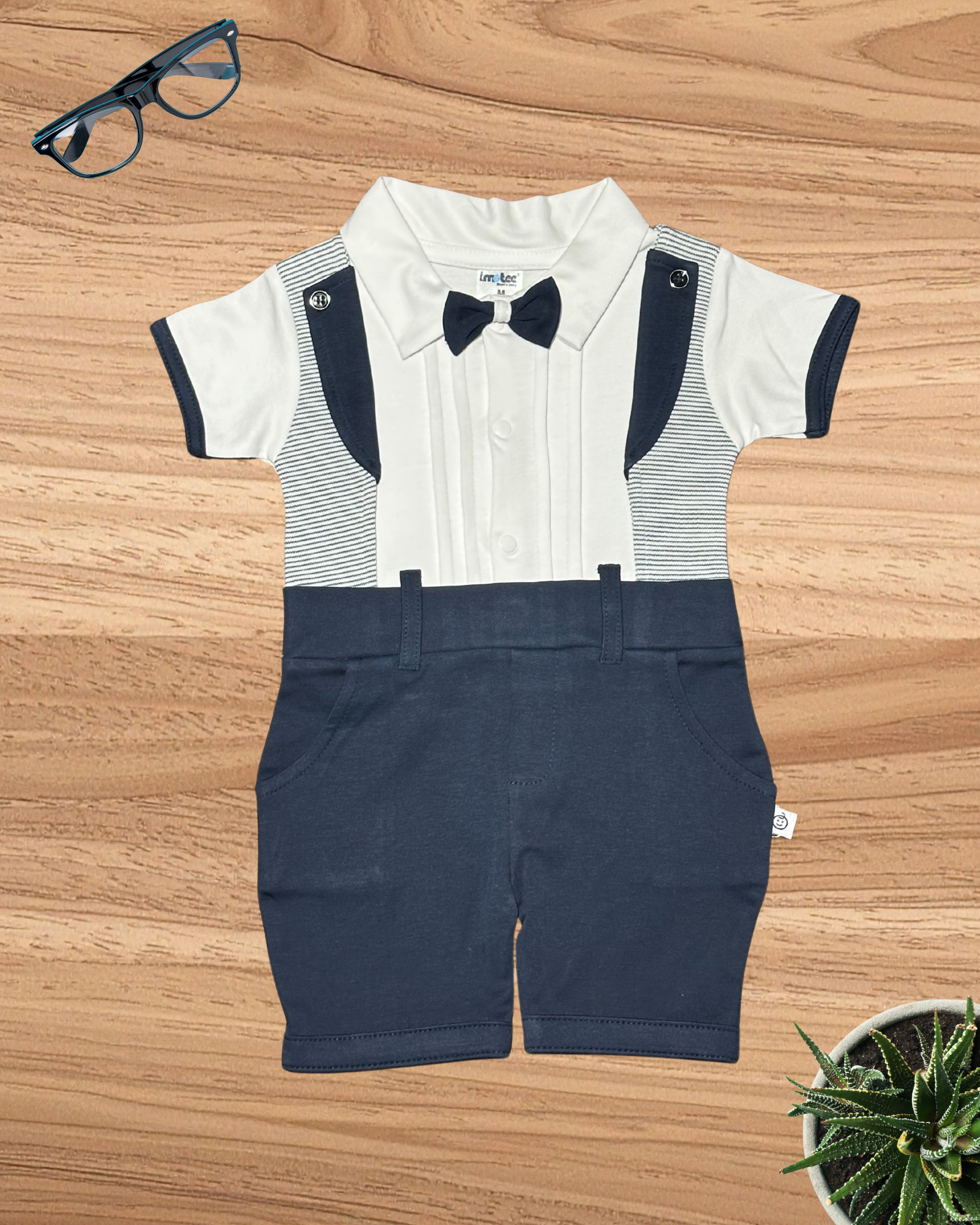 Baby Boy Gentleman Romper – Navy Blue Suspender Party Outfit with Bow Tie