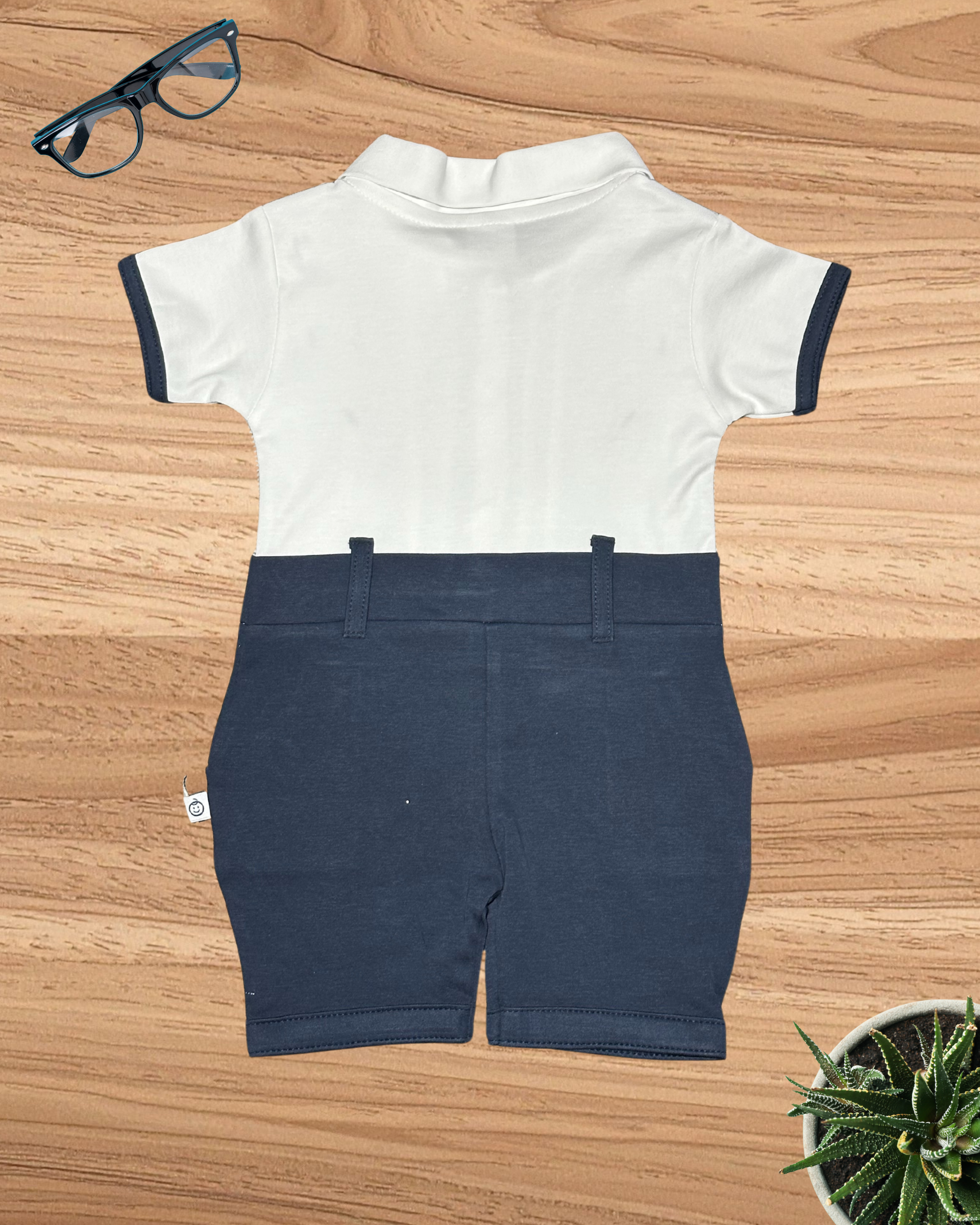 Baby Boy Gentleman Romper – Navy Blue Suspender Party Outfit with Bow Tie