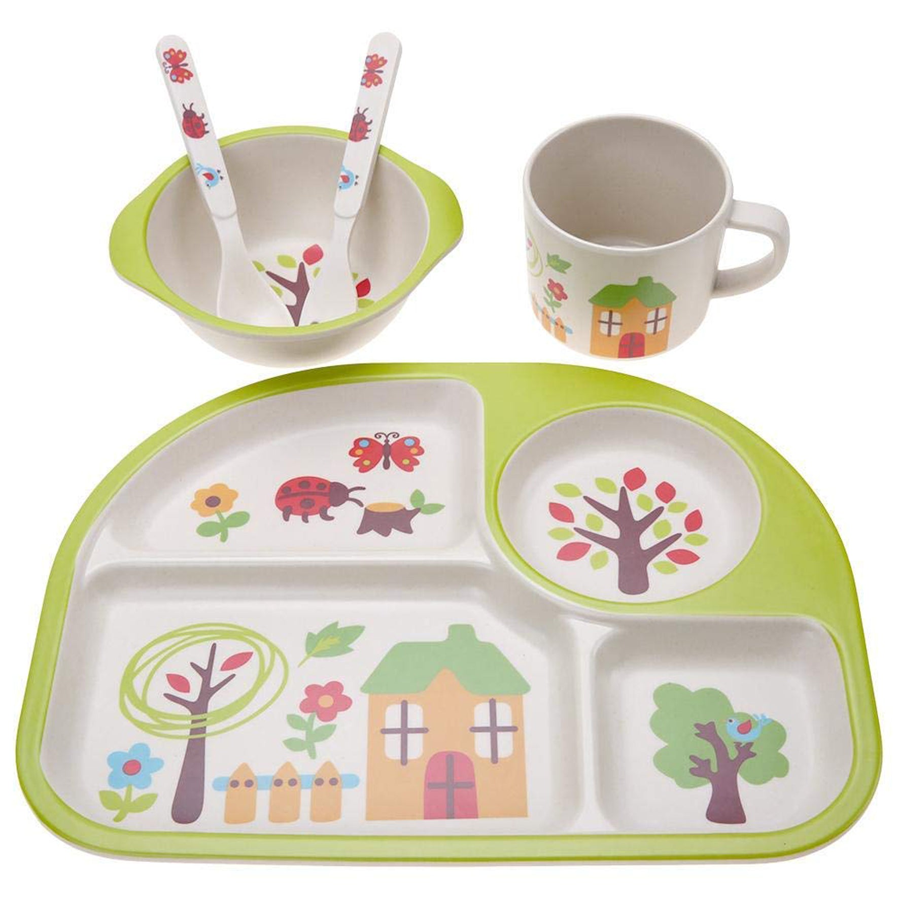 5 Pcs/Set Bamboo Fiber Children Tableware, Safe Easy to Clean Children Tableware, for Baby Kid(Green Home)